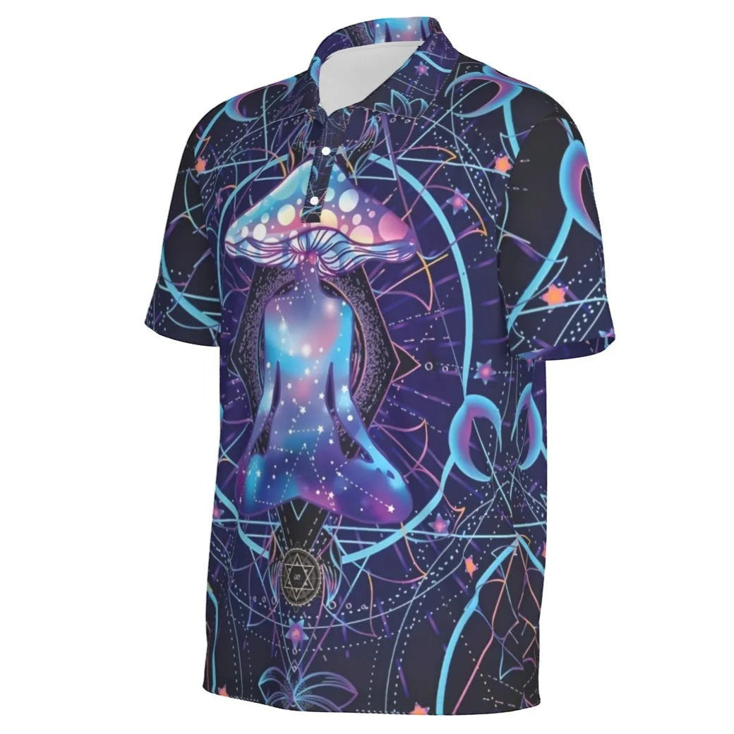Mystic Mushroom Awakening Men’s Polo, Psychedelic Spiritual Shirt, Cosmic Mushroom Print Polo, Visionary Art Top, Boho Festival Style