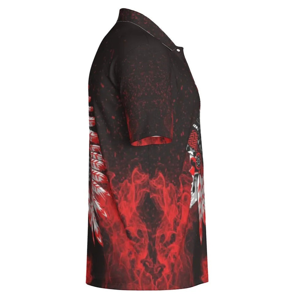 Native American Skull Men’s Polo, Red Feather Headdress Shirt, Tribal Gothic Polo, Red Smoke Graphic Top, Warrior Biker Style
