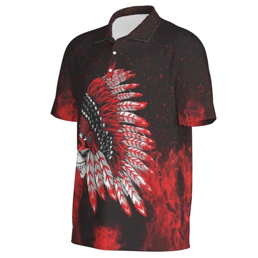 Native American Skull Men’s Polo, Red Feather Headdress Shirt, Tribal Gothic Polo, Red Smoke Graphic Top, Warrior Biker Style