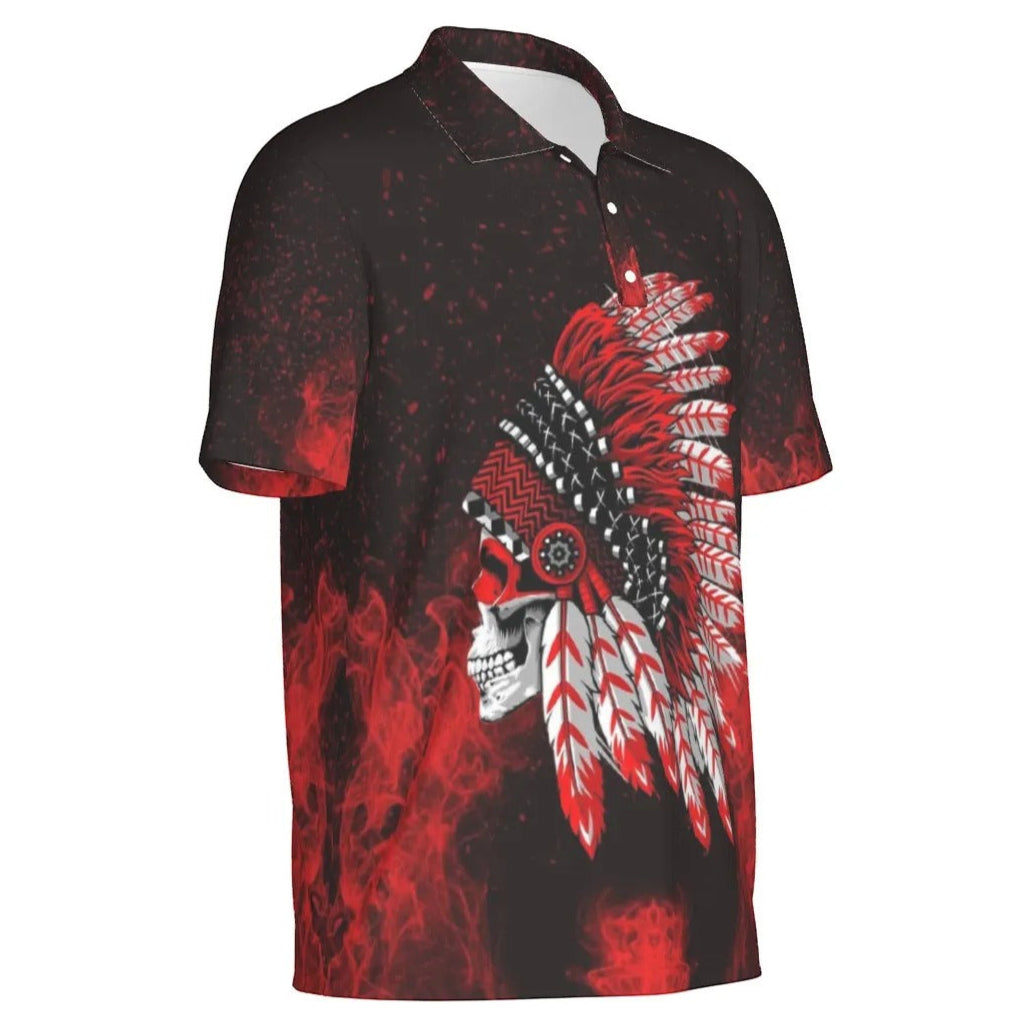 Native American Skull Men’s Polo, Red Feather Headdress Shirt, Tribal Gothic Polo, Red Smoke Graphic Top, Warrior Biker Style