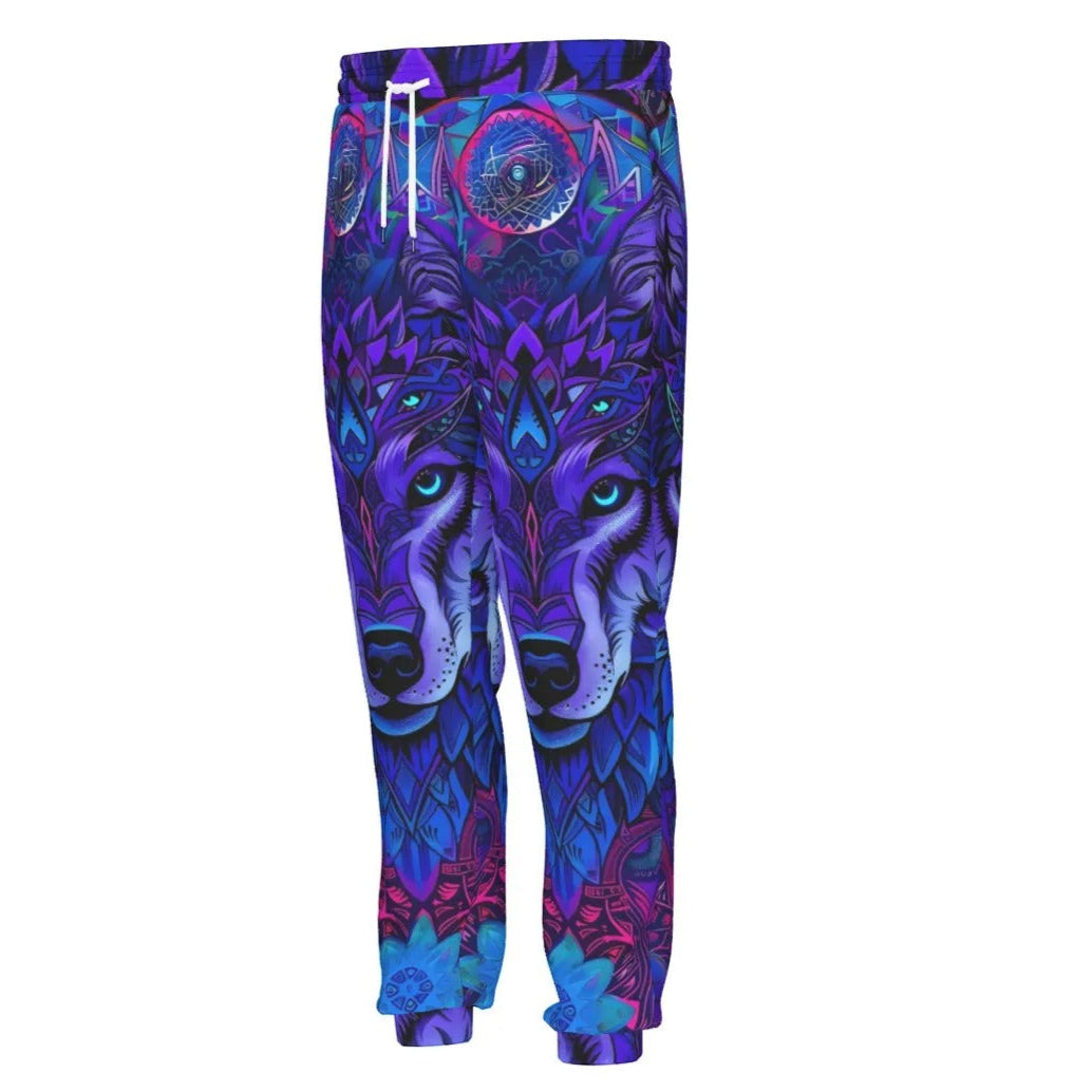 Wolf Mandala Joggers, Psychedelic Spiritual Sweatpants, Mystic Wolf Spirit Animal Pants, Visionary Art Festival Wear, Boho Cosmic Style