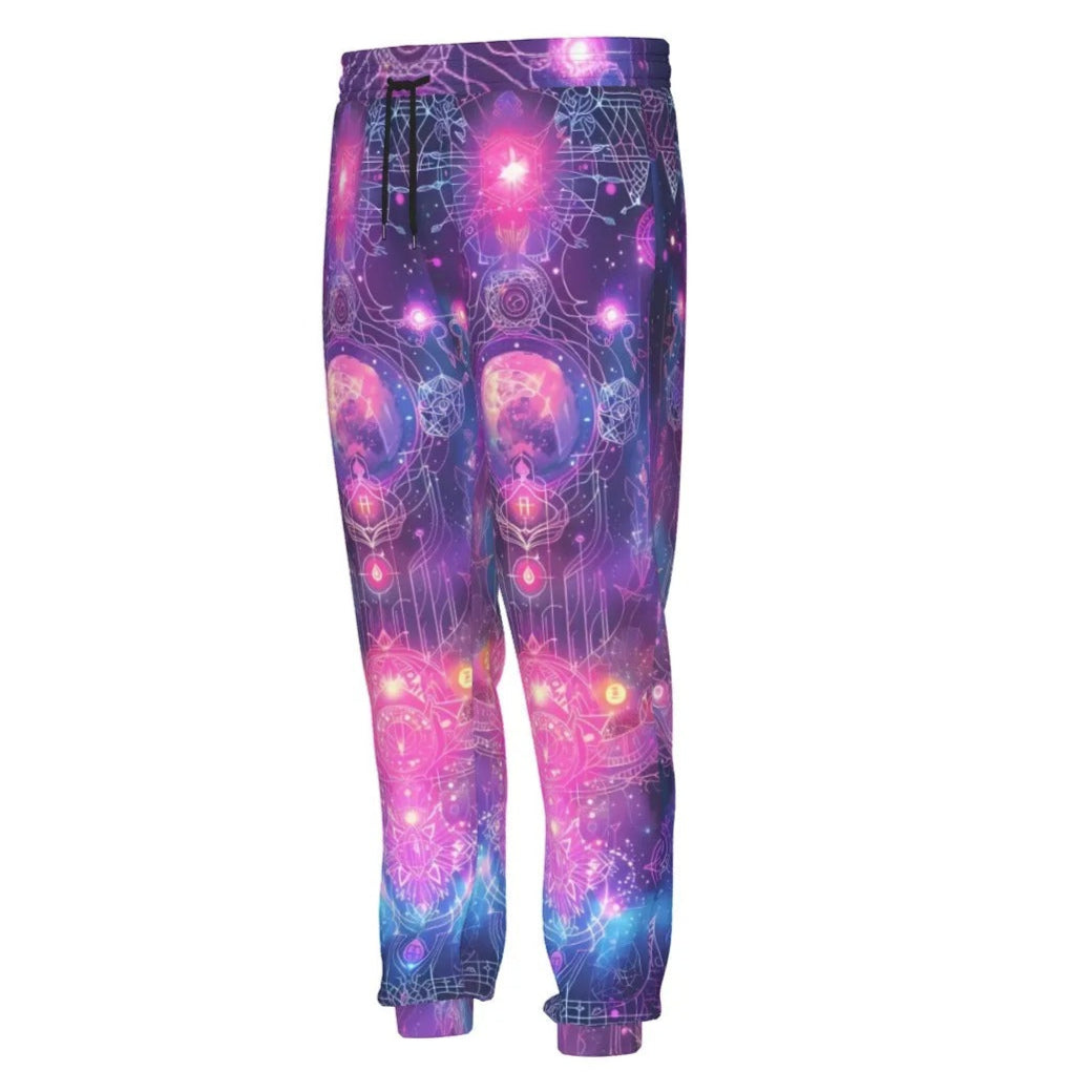 Cosmic Mysticism Joggers, Neon Galaxy Sweatpants, Sacred Geometry Space Pants, Psychedelic Astral Graphic Bottoms, Visionary Spiritual Wear