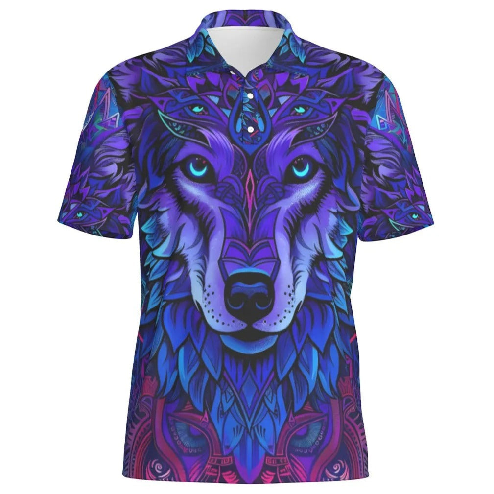 Wolf Mandala Polo Shirt for Men – Purple Tribal Spirit Animal Print, Boho Festival Button-Up Tee, Psychedelic Graphic Top