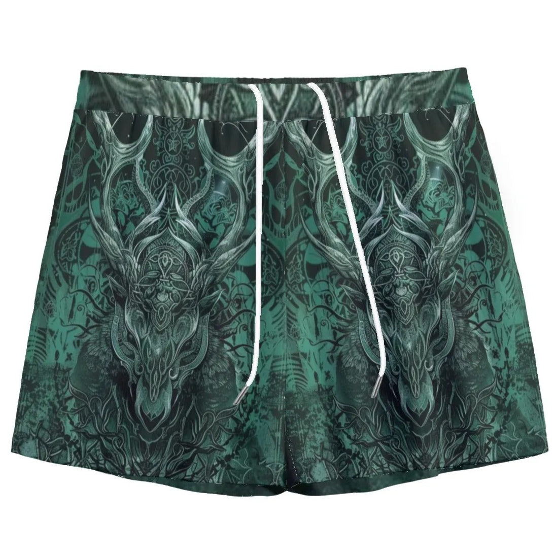 Viking Mesh Shorts with Antler Design, Norse Mythology Inspired Athletic Shorts, Tribal Graphic Beachwear, Fantasy Sports Clothing
