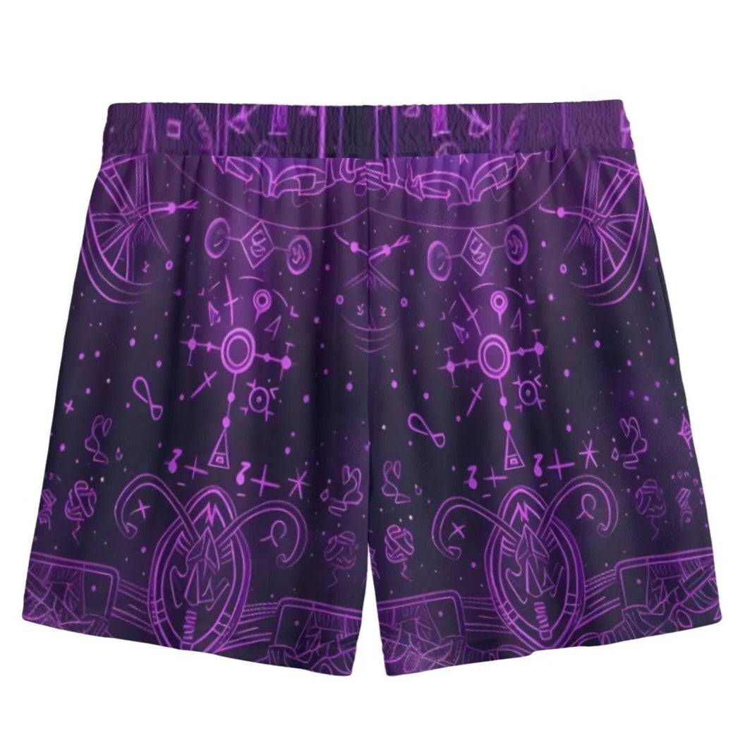 Mystical Fantasy Mesh Shorts, Arcane Magic Symbol Mesh Shorts, Witchcore Celestial Light Mesh Shorts, Vibrant Occult Energy Mesh Shorts, Esoteric Purple Spell Mesh Shorts
