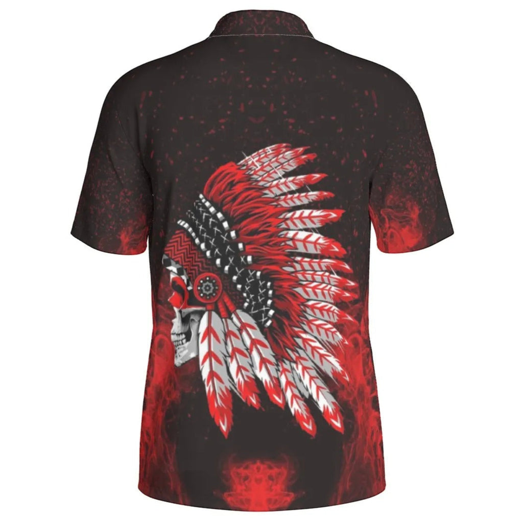 Native American Skull Men’s Polo, Red Feather Headdress Shirt, Tribal Gothic Polo, Red Smoke Graphic Top, Warrior Biker Style