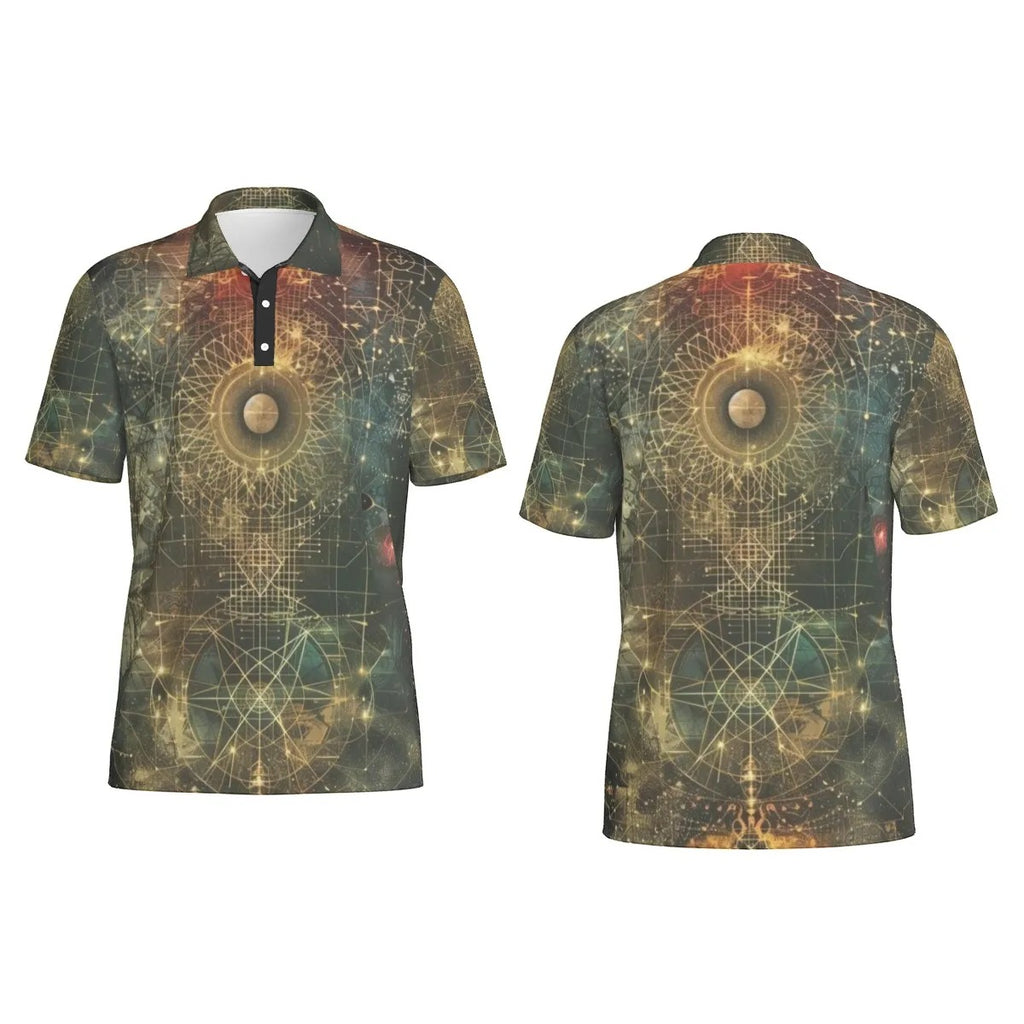Celestial Alchemy Polo Shirt for Men, Sacred Geometry Sun Moon Shirt, Occult Magic Golf Polo, Spiritual Streetwear Gift