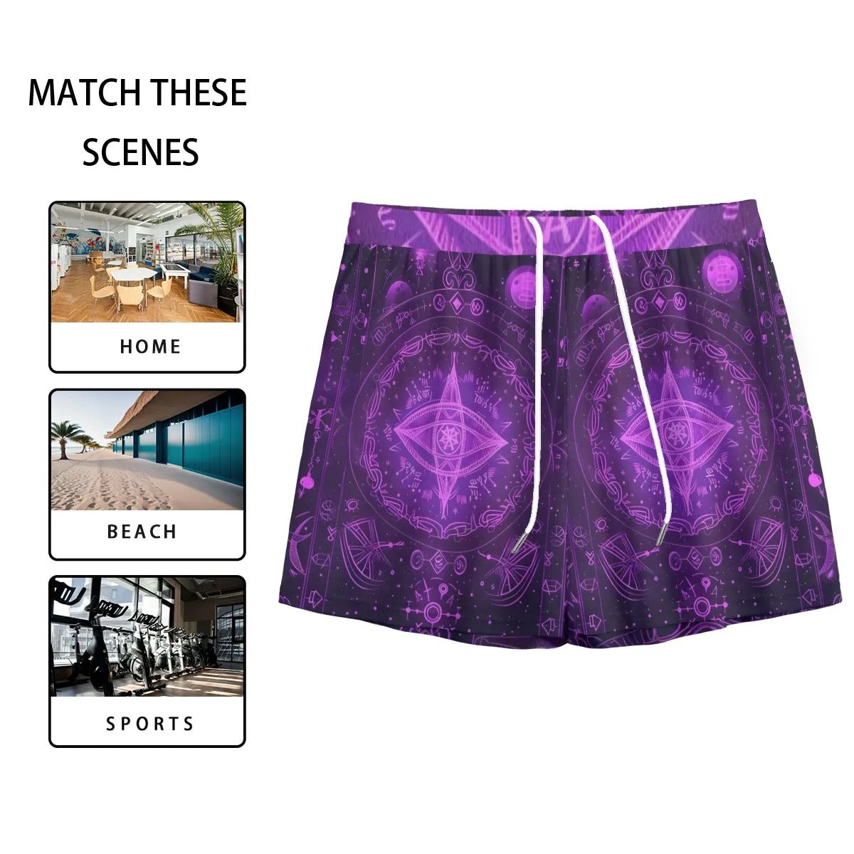 Mystical Fantasy Mesh Shorts, Arcane Magic Symbol Mesh Shorts, Witchcore Celestial Light Mesh Shorts, Vibrant Occult Energy Mesh Shorts, Esoteric Purple Spell Mesh Shorts