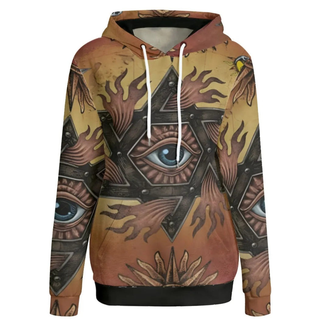 Women’s Mystic Mandala Hoodie, Sacred Geometry Cosmic Eye Pullover, Psychedelic Sun Boho Spiritual Festival Clothing