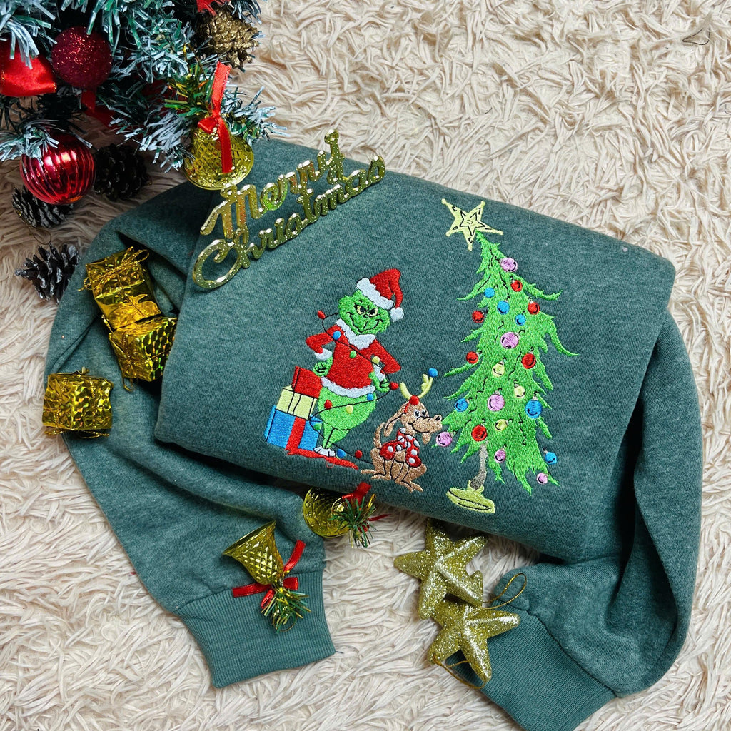 Mischievous Santa Embroidered Sweatshirt, Funny Christmas Crewneck, Holiday Tree Sweater, Cozy Winter Outfit, Xmas Gift EBAC76