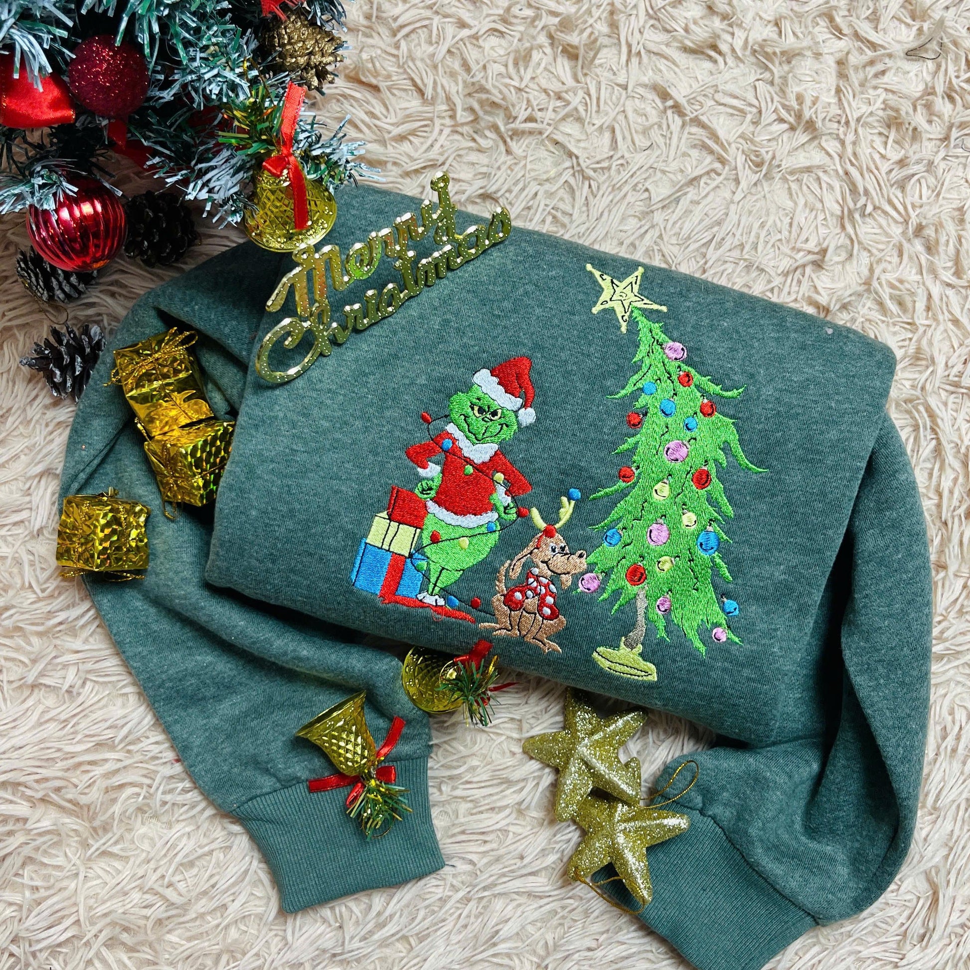 Mischievous Santa Embroidered Sweatshirt, Funny Christmas Crewneck, Holiday Tree Sweater, Cozy Winter Outfit, Xmas Gift EBAC76