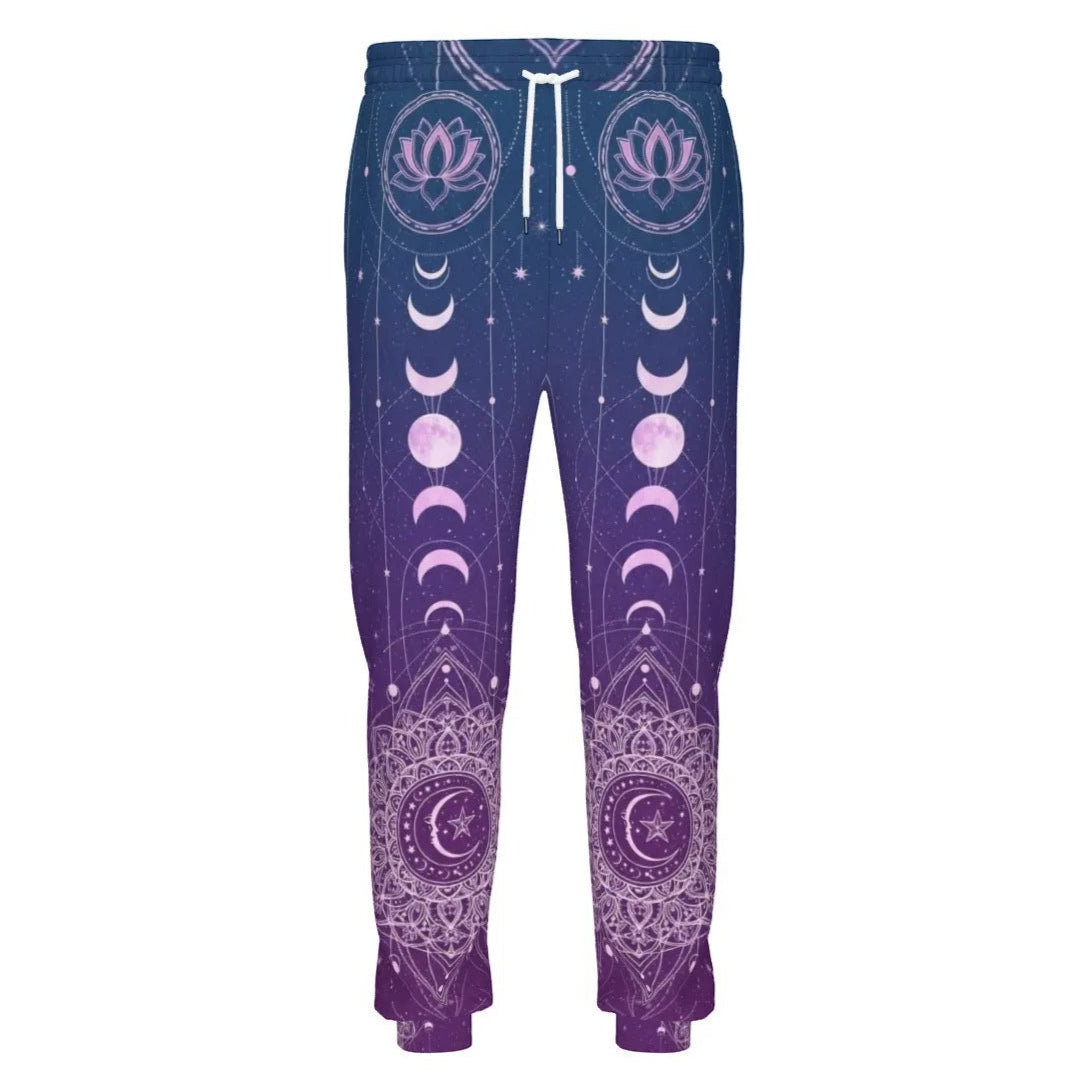 Mystic Lunar Mandala Joggers, Moon Phase Spiritual Sweatpants, Celestial Lotus Pattern Pants, Sacred Geometry Cosmic Bottoms, Boho Mystic Style