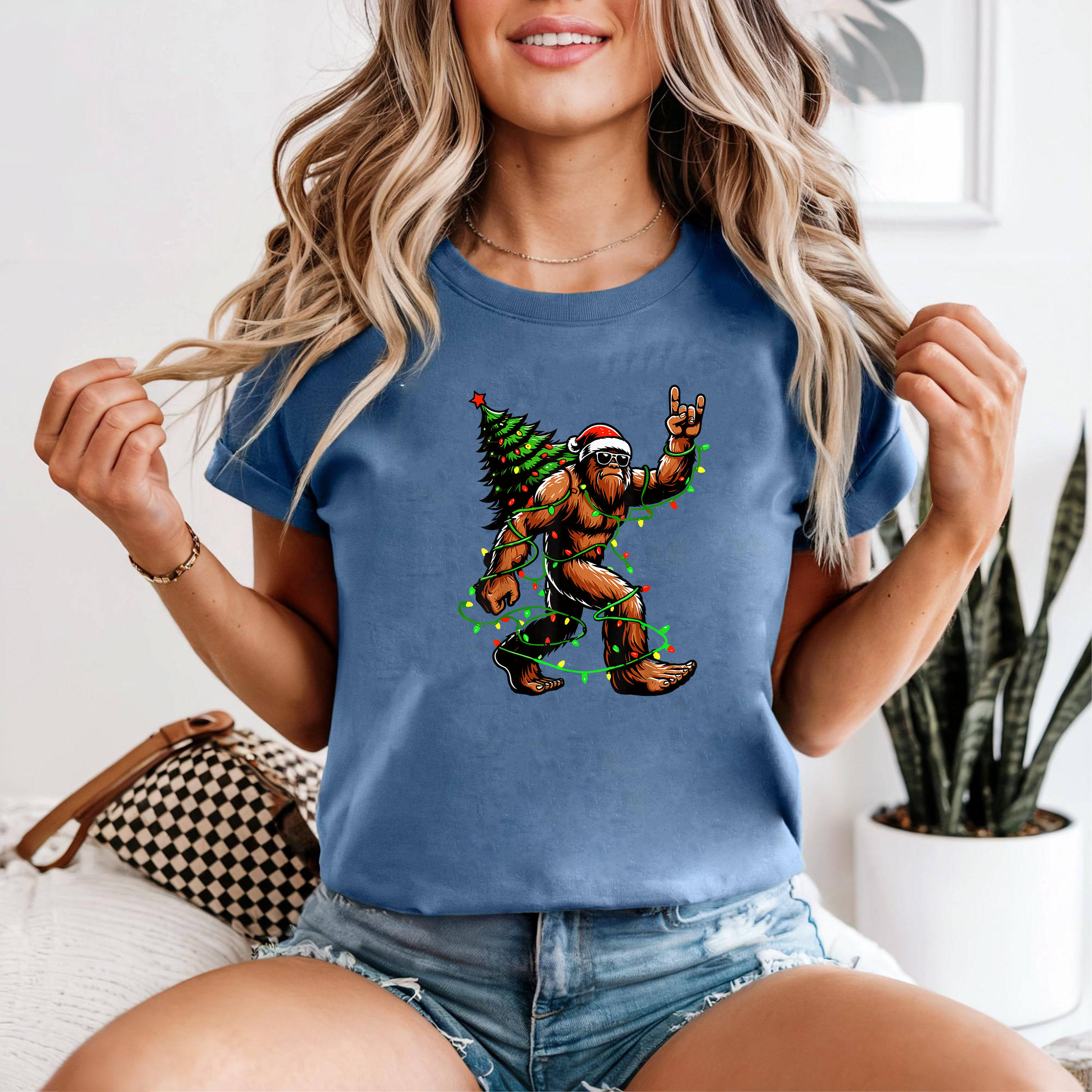 Bigfoot Christmas Lights Shirt, Funny Sasquatch Santa Tee, Holiday Party Outfit, Festive Xmas Tree Light T-Shirt, Retro Christmas Gift