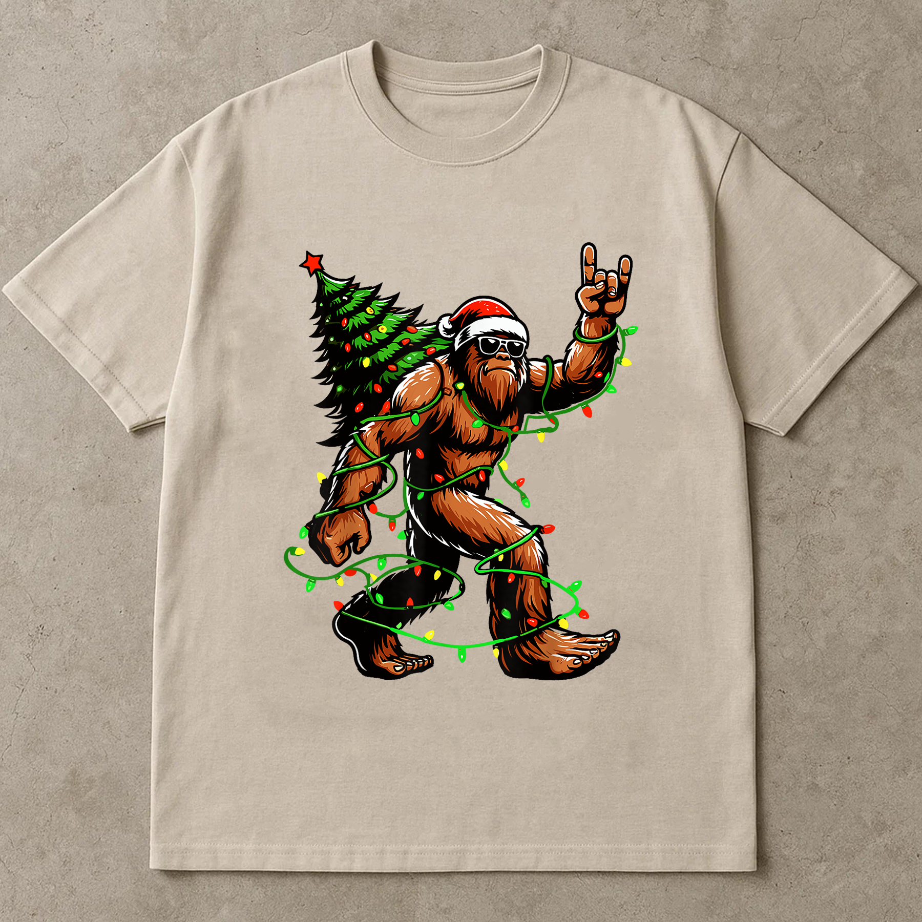 Bigfoot Christmas Lights Shirt, Funny Sasquatch Santa Tee, Holiday Party Outfit, Festive Xmas Tree Light T-Shirt, Retro Christmas Gift