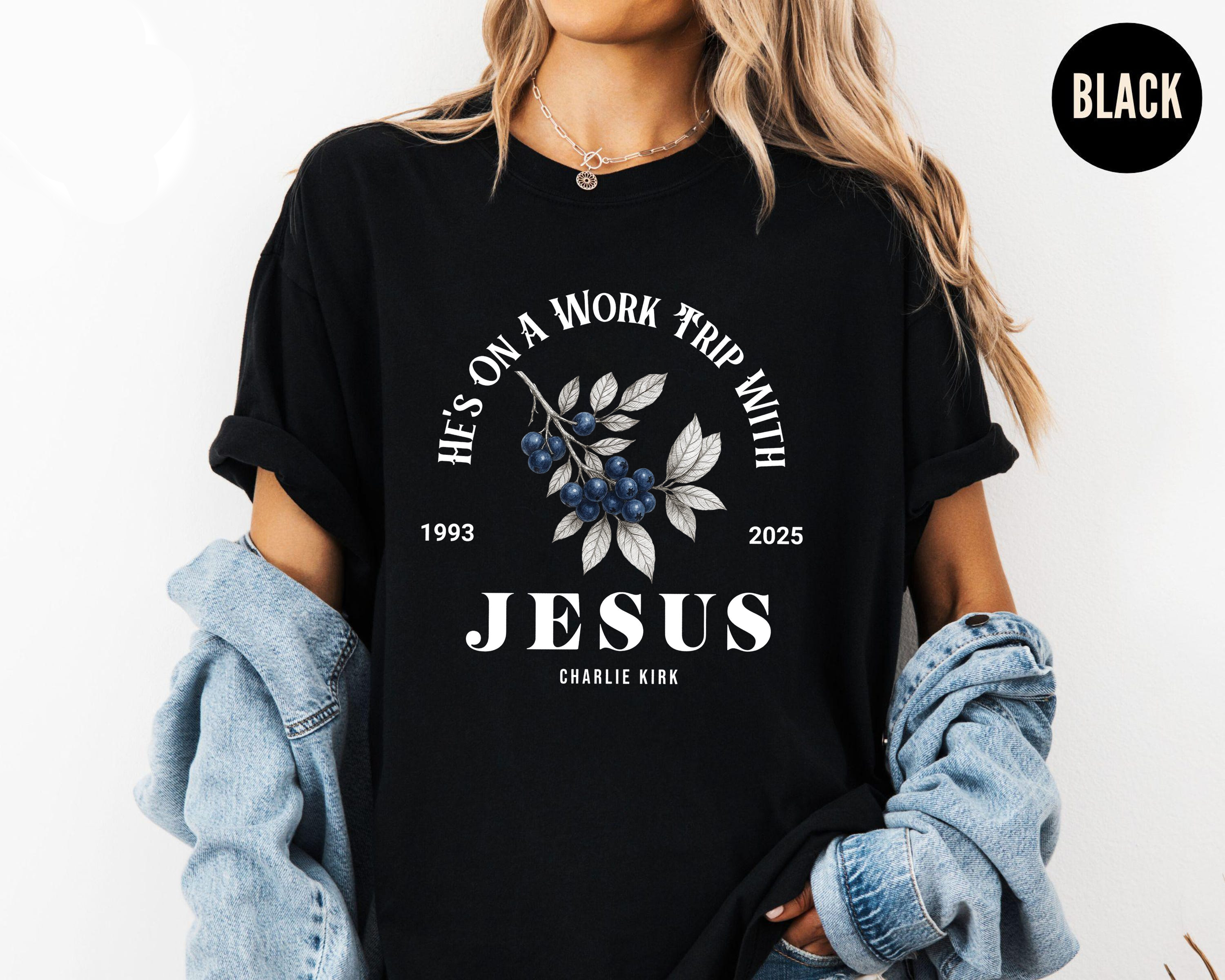 He’s on a Work Trip with Jesus Shirt, Christian Faith Tee, Inspirational Bible Verse Graphic T-Shirt, Religious Memorial Top