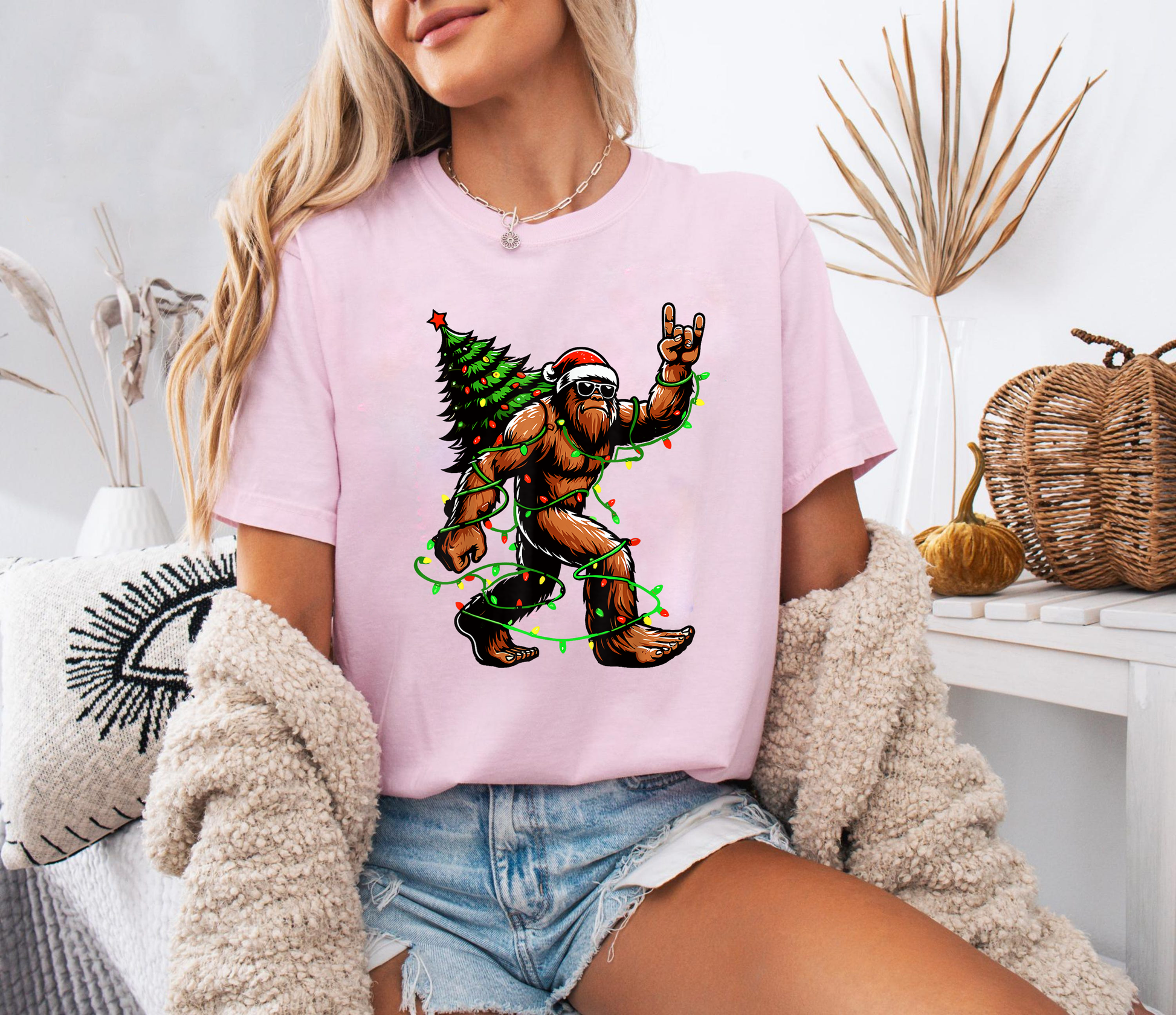 Bigfoot Christmas Lights Shirt, Funny Sasquatch Santa Tee, Holiday Party Outfit, Festive Xmas Tree Light T-Shirt, Retro Christmas Gift