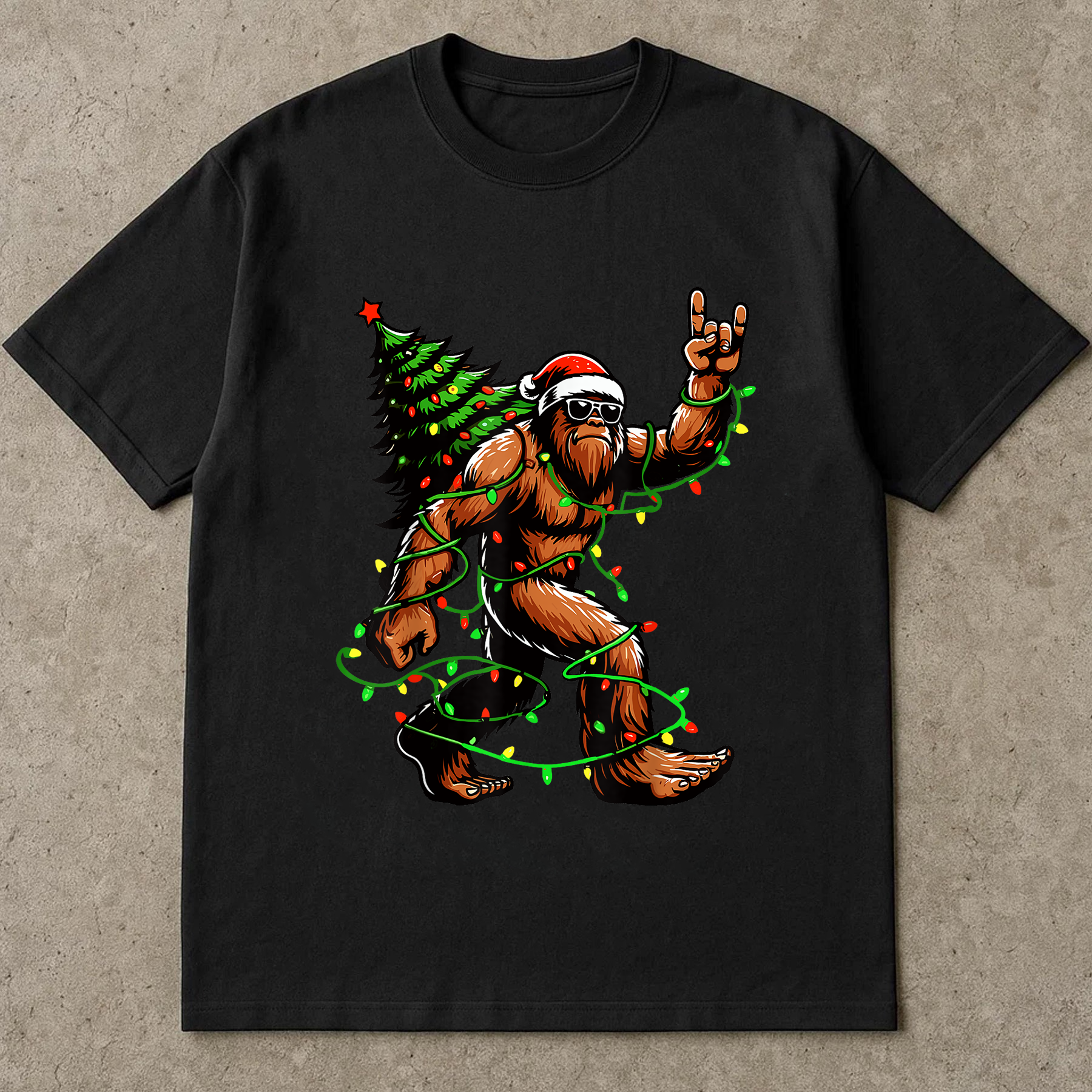 Bigfoot Christmas Lights Shirt, Funny Sasquatch Santa Tee, Holiday Party Outfit, Festive Xmas Tree Light T-Shirt, Retro Christmas Gift