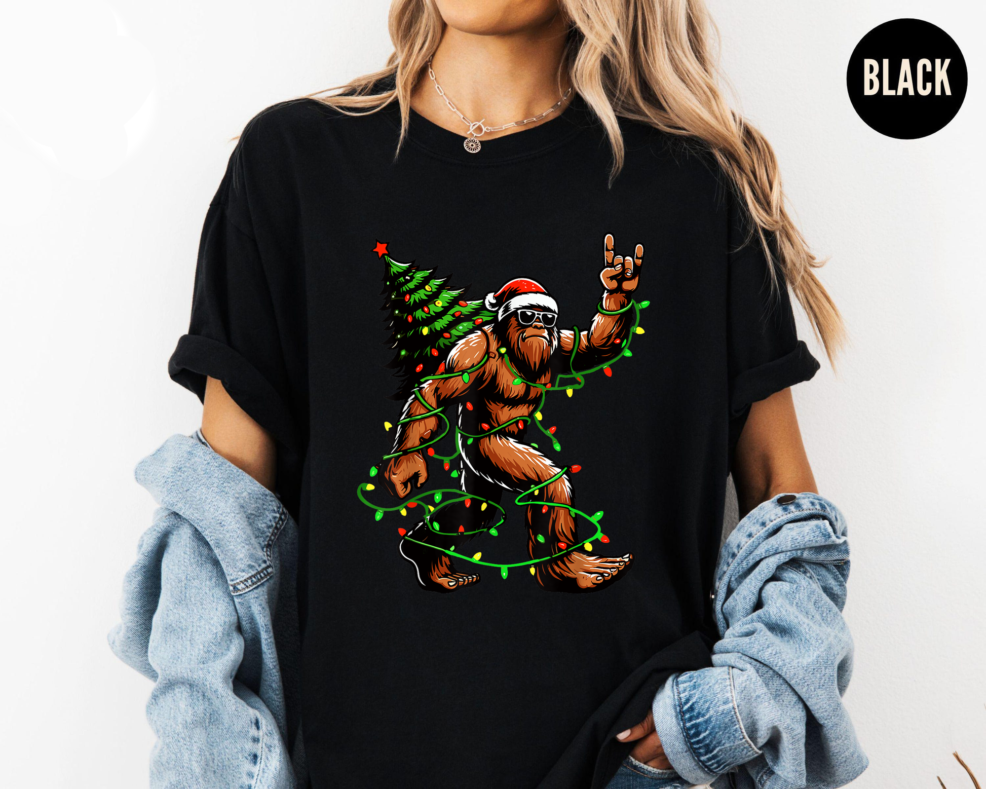 Bigfoot Christmas Lights Shirt, Funny Sasquatch Santa Tee, Holiday Party Outfit, Festive Xmas Tree Light T-Shirt, Retro Christmas Gift
