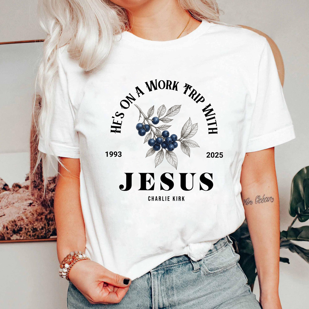 He’s on a Work Trip with Jesus Shirt, Christian Faith Tee, Inspirational Bible Verse Graphic T-Shirt, Religious Memorial Top