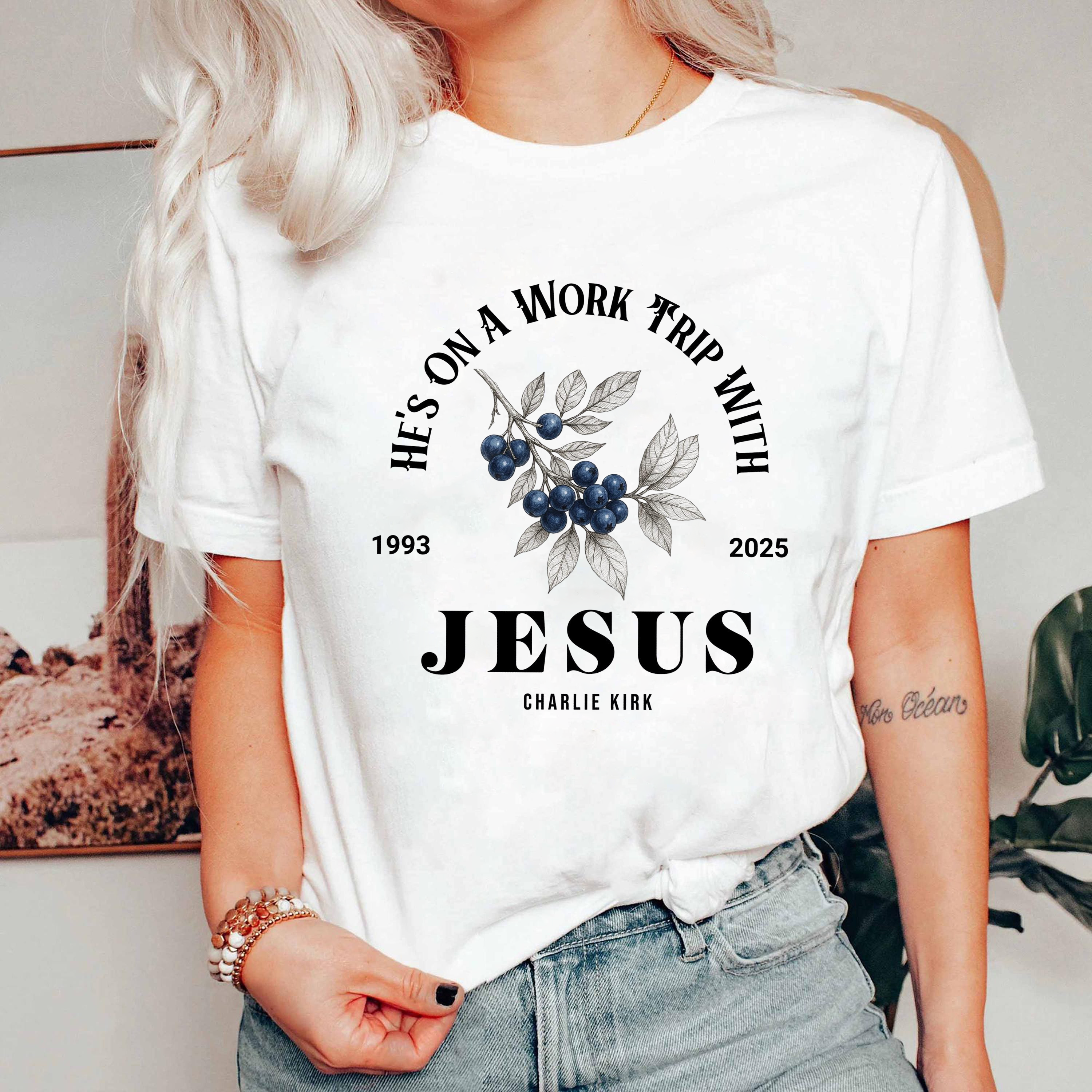 He’s on a Work Trip with Jesus Shirt, Christian Faith Tee, Inspirational Bible Verse Graphic T-Shirt, Religious Memorial Top