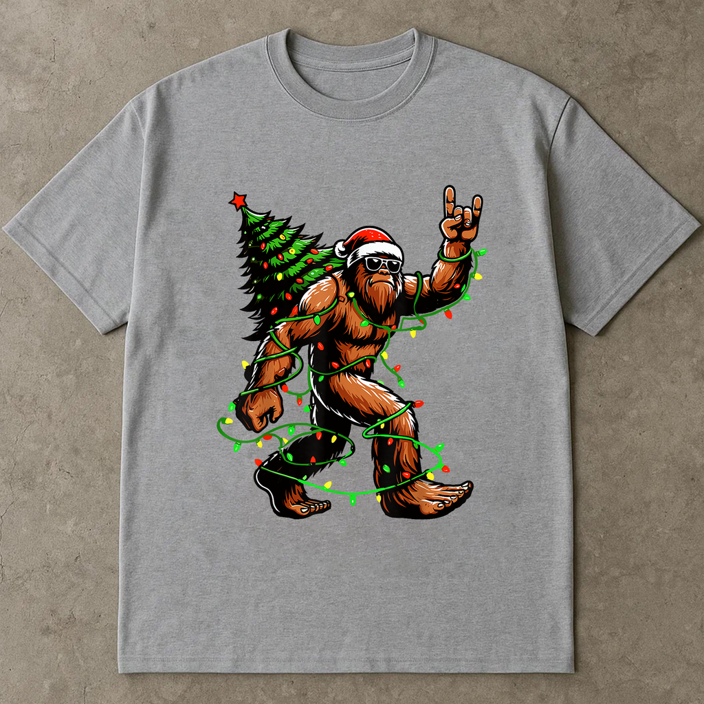 Bigfoot Christmas Lights Shirt, Funny Sasquatch Santa Tee, Holiday Party Outfit, Festive Xmas Tree Light T-Shirt, Retro Christmas Gift