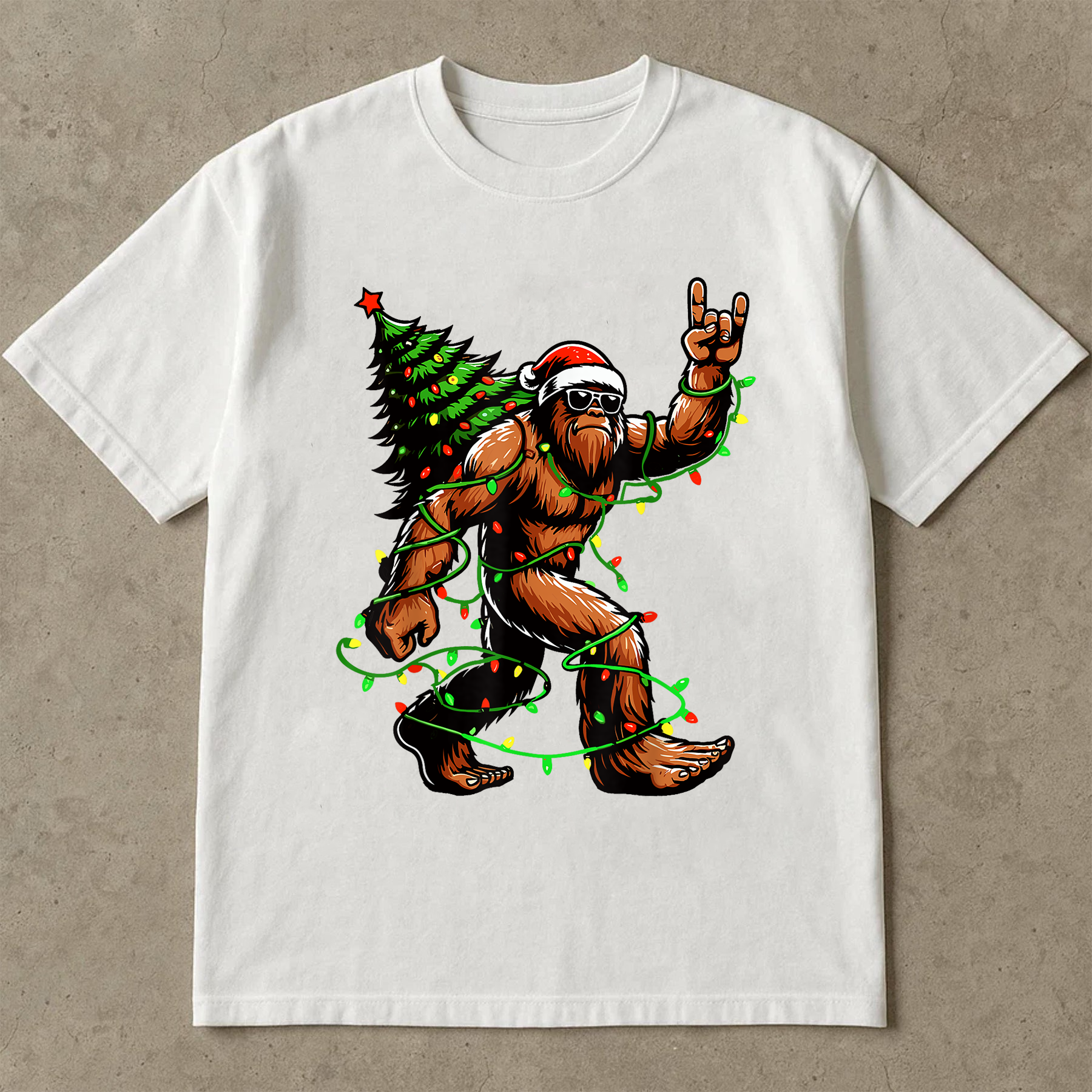 Bigfoot Christmas Lights Shirt, Funny Sasquatch Santa Tee, Holiday Party Outfit, Festive Xmas Tree Light T-Shirt, Retro Christmas Gift