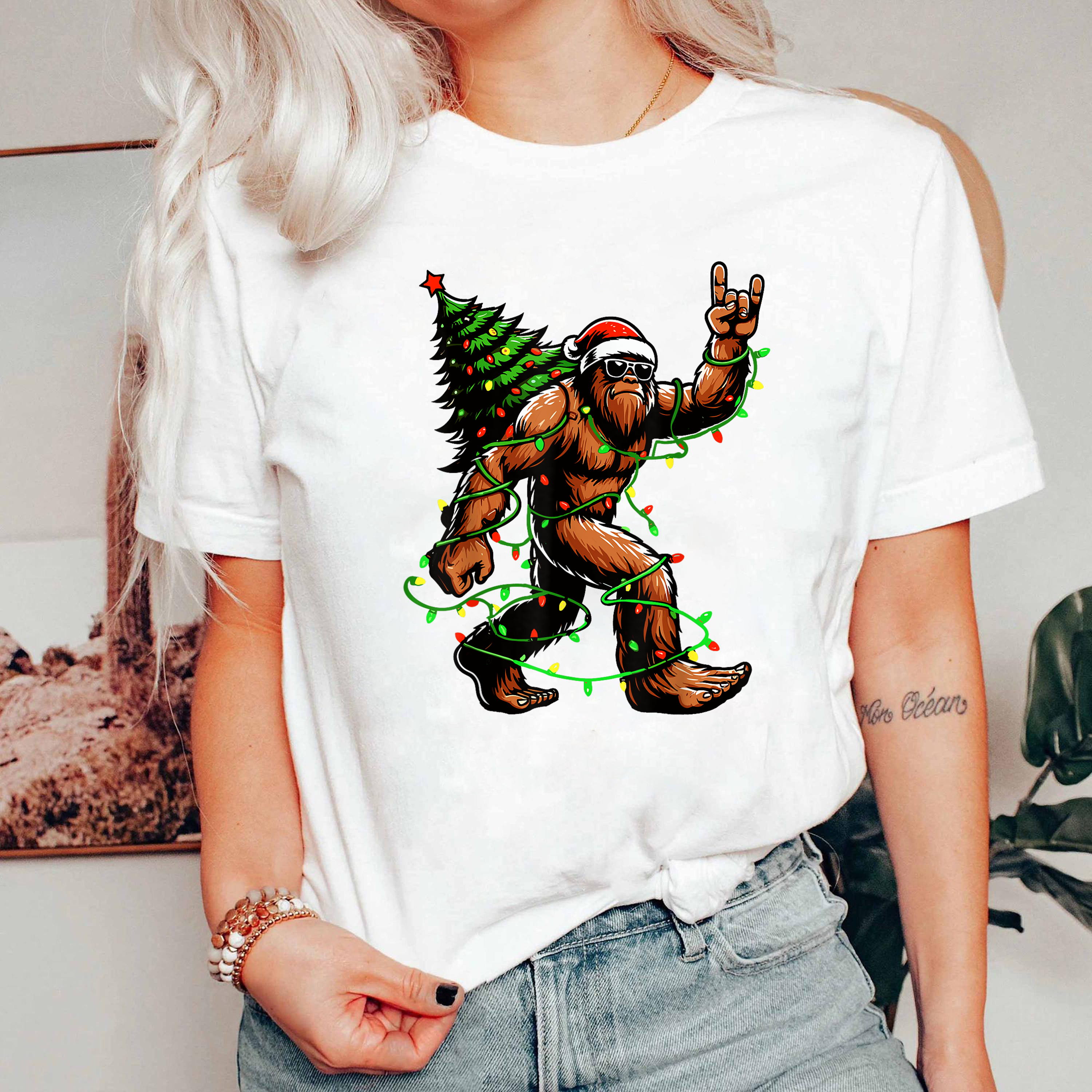 Bigfoot Christmas Lights Shirt, Funny Sasquatch Santa Tee, Holiday Party Outfit, Festive Xmas Tree Light T-Shirt, Retro Christmas Gift