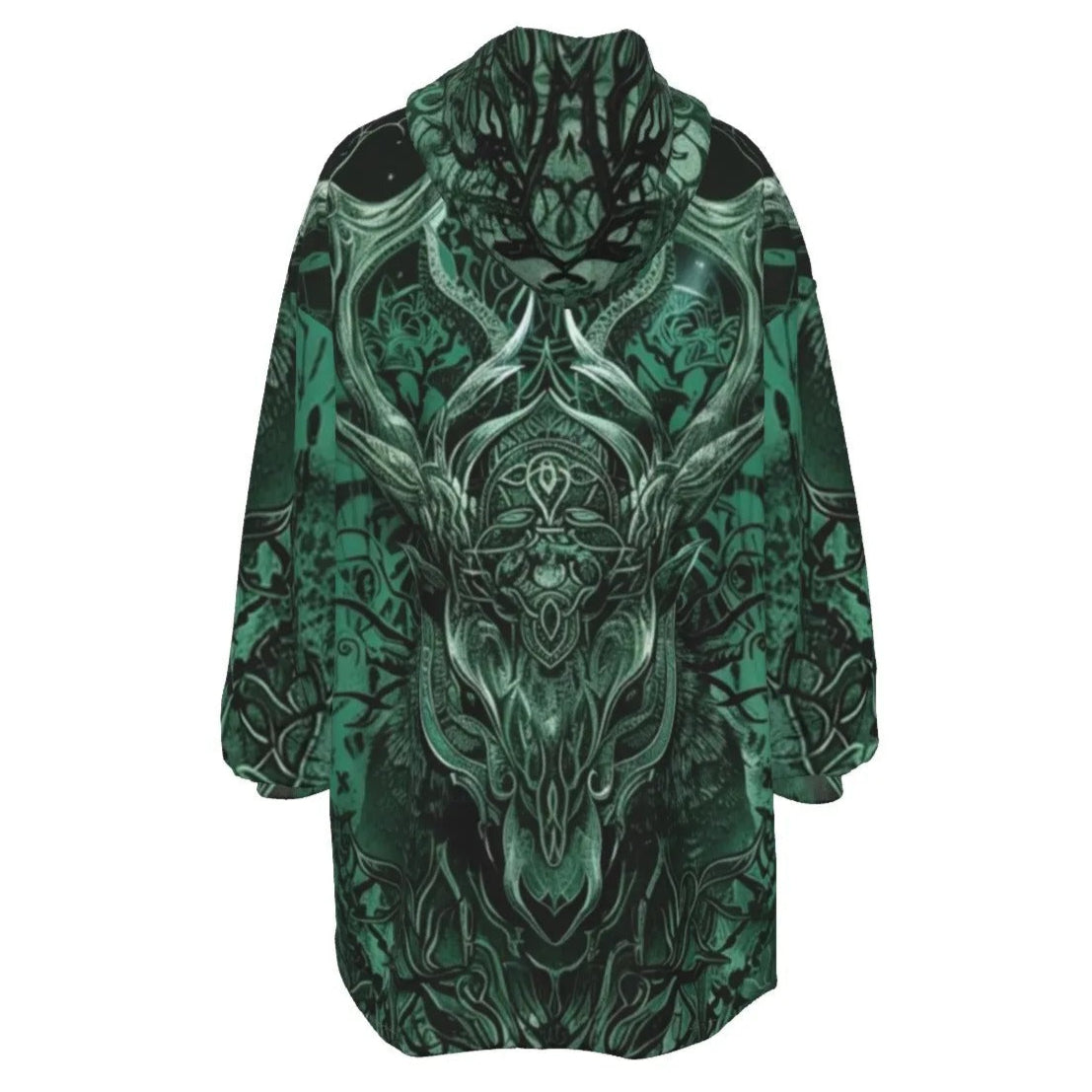 Viking Sherpa Fleece Hoodie, Norse Mythology Hoodie, Green Celtic Art Jacket, Deer Skull Design, Nordic Warrior Outerwear, Pagan Festival Wear, Dark Fantasy Clothing, Mystic Fashion