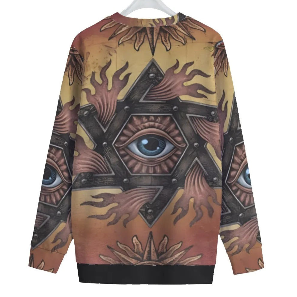 Women’s Mystic Mandala Sweater, Sacred Geometry Cosmic Eye Knit Top, Psychedelic Sun Boho Spiritual Festival Clothing
