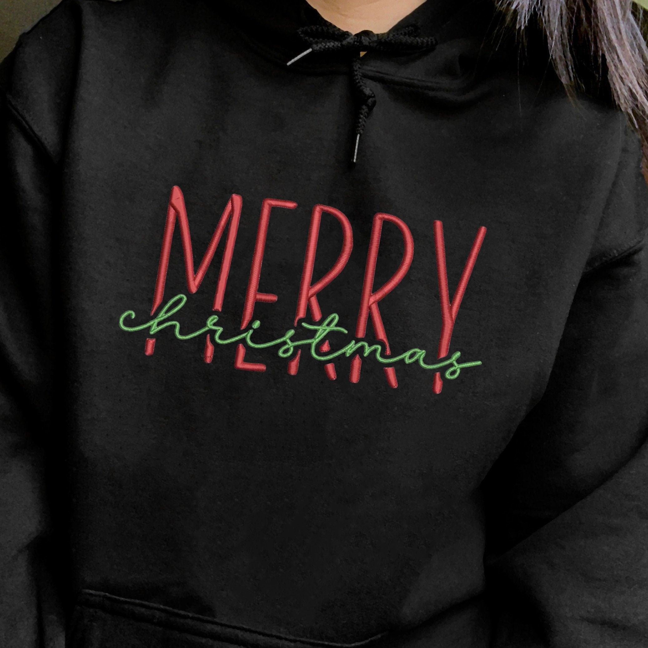 Merry Christmas Embroidered Hoodie, Minimal Holiday Sweater, Cozy Winter Outfit, Christmas Crewneck Gift for Her & Him EBAC77