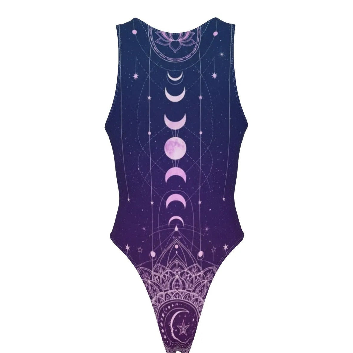 Mystic Lunar Mandala Swimsuit, Moon Phase Spiritual Swimwear, Celestial Lotus Bathing Suit, Sacred Geometry Cosmic Bikini, Boho Mystic Style