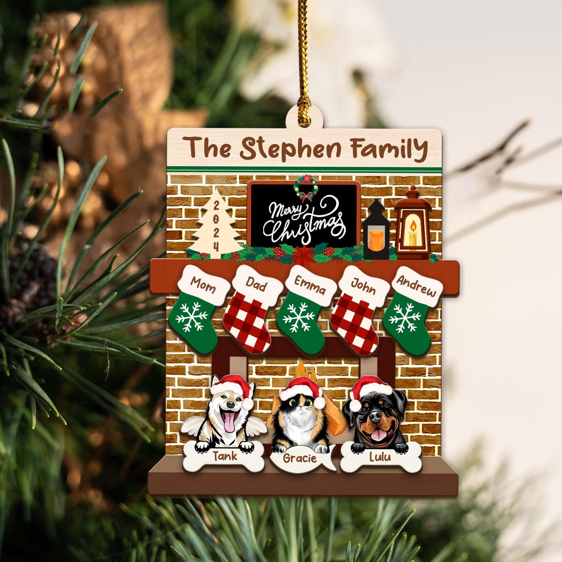 Custom Pet Family Christmas Ornaments,3D Wooden Family Ornament With Pets, Christmas Ornament, Family And Pets Family With Dog Cat Fireplace