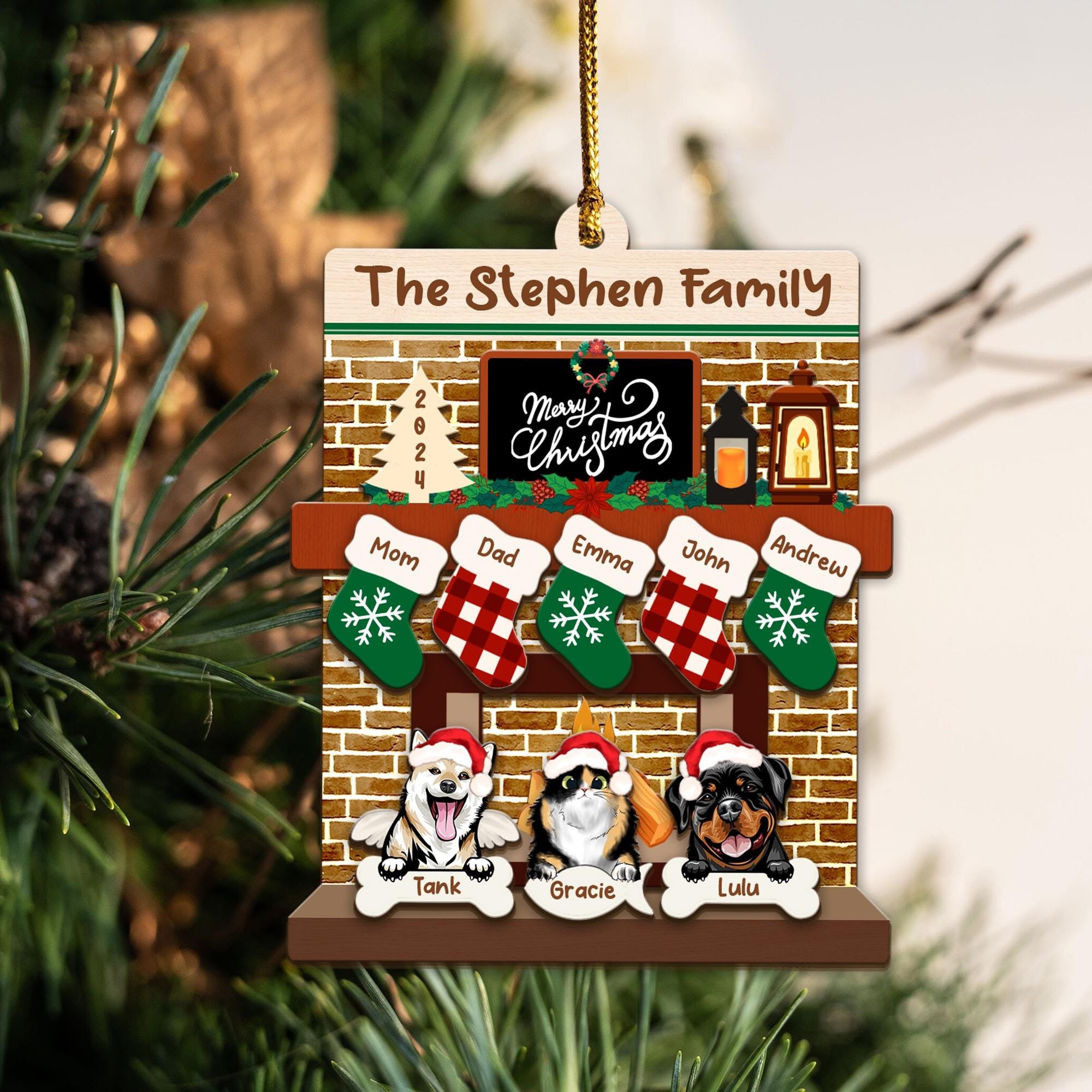 Custom Pet Family Christmas Ornaments,3D Wooden Family Ornament With Pets, Christmas Ornament, Family And Pets Family With Dog Cat Fireplace