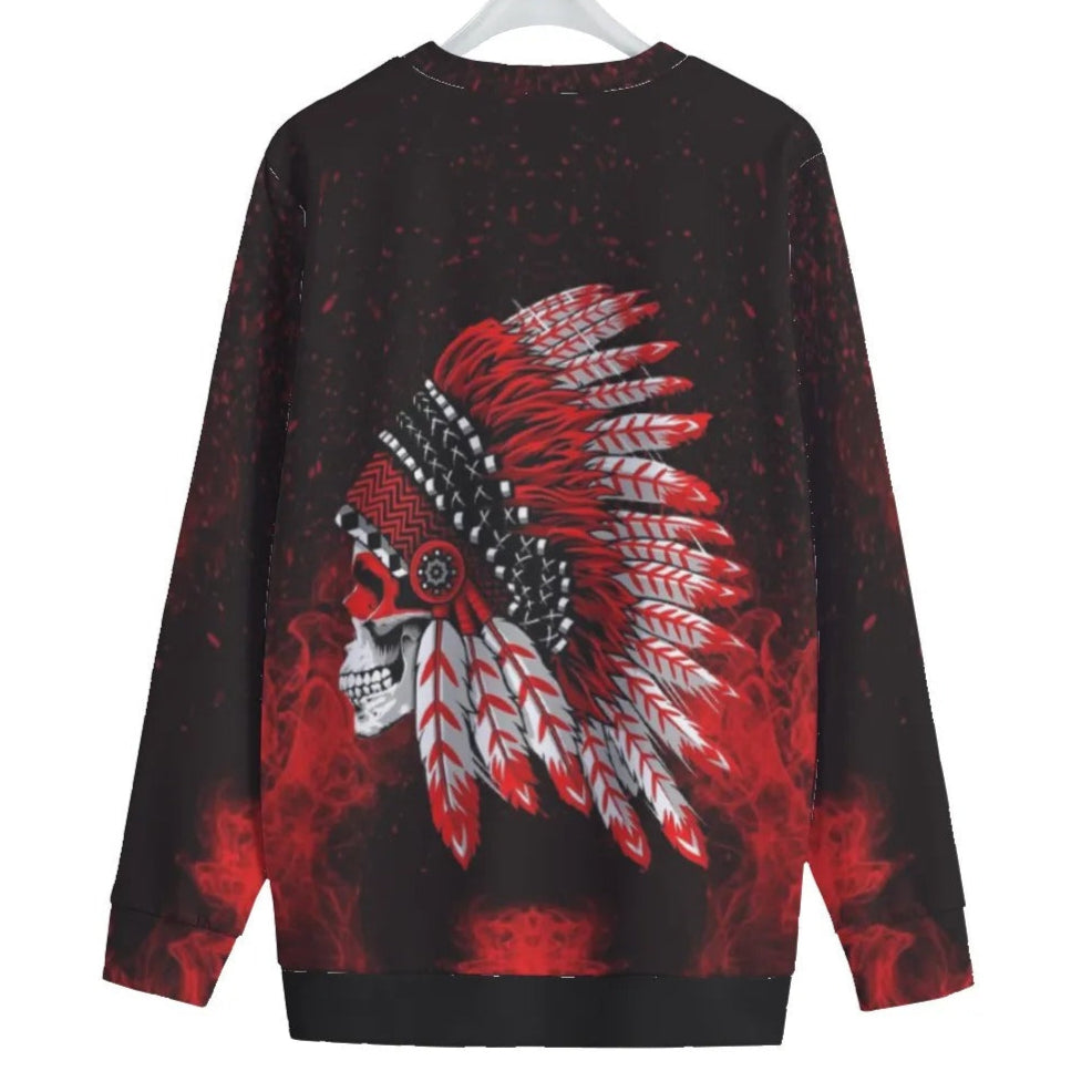 Native American Skull Women’s Sweater, Red Feather Headdress Knitwear, Tribal Gothic Pullover, Red Smoke Graphic Sweater, Warrior Biker Style