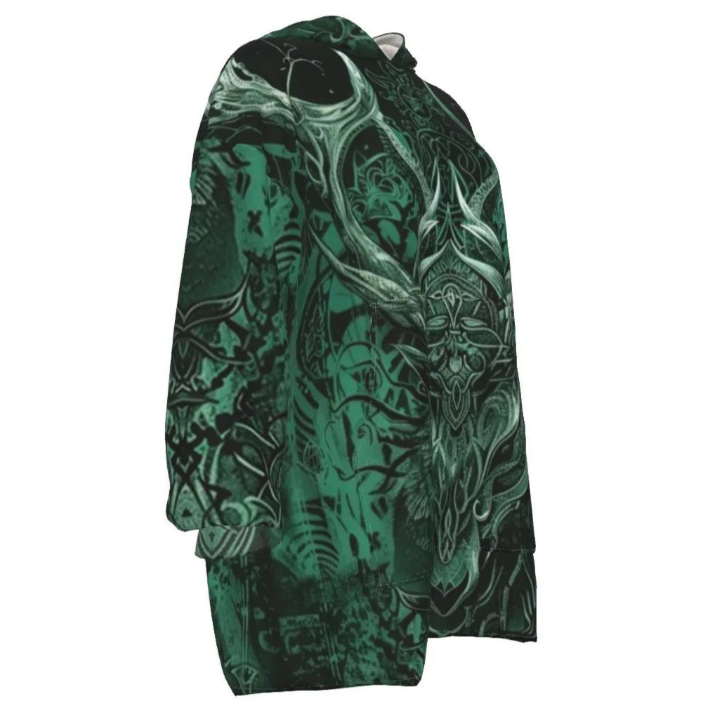 Viking Sherpa Fleece Hoodie, Norse Mythology Hoodie, Green Celtic Art Jacket, Deer Skull Design, Nordic Warrior Outerwear, Pagan Festival Wear, Dark Fantasy Clothing, Mystic Fashion