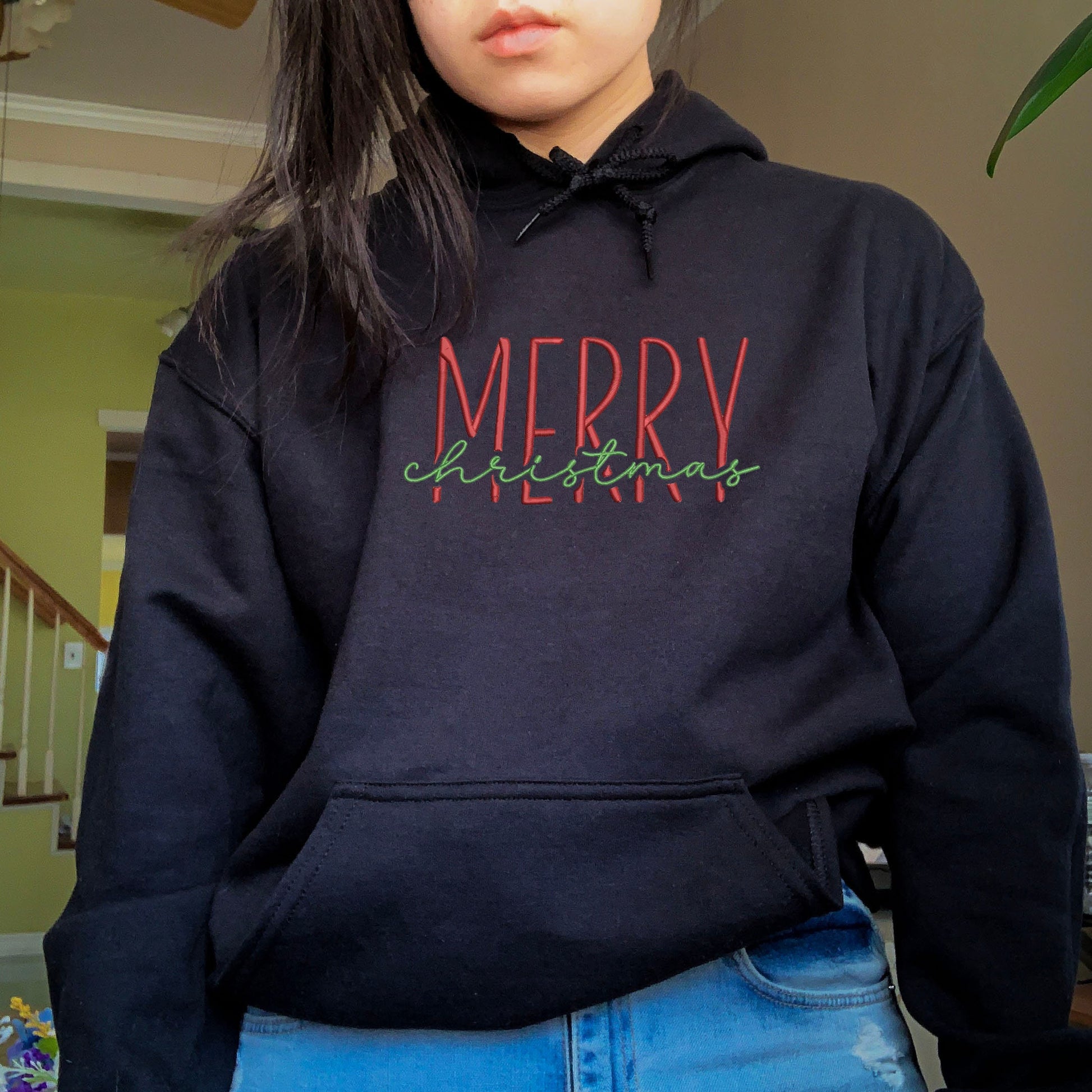 Merry Christmas Embroidered Hoodie, Minimal Holiday Sweater, Cozy Winter Outfit, Christmas Crewneck Gift for Her & Him EBAC77