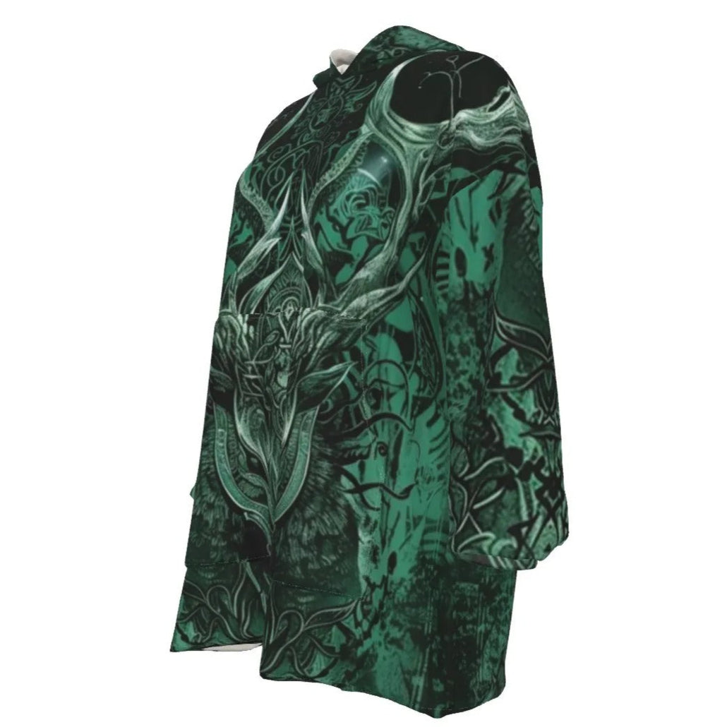 Viking Sherpa Fleece Hoodie, Norse Mythology Hoodie, Green Celtic Art Jacket, Deer Skull Design, Nordic Warrior Outerwear, Pagan Festival Wear, Dark Fantasy Clothing, Mystic Fashion