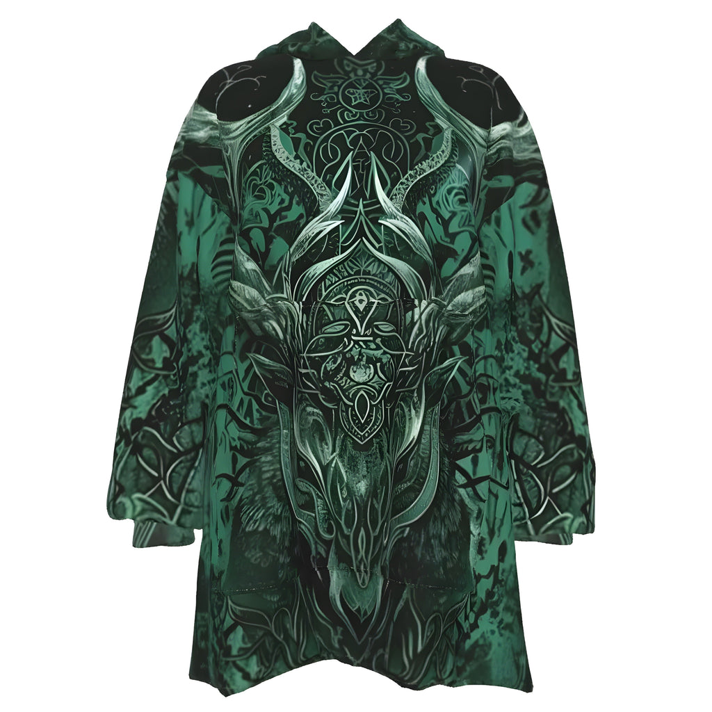 Viking Sherpa Fleece Hoodie, Norse Mythology Hoodie, Green Celtic Art Jacket, Deer Skull Design, Nordic Warrior Outerwear, Pagan Festival Wear, Dark Fantasy Clothing, Mystic Fashion