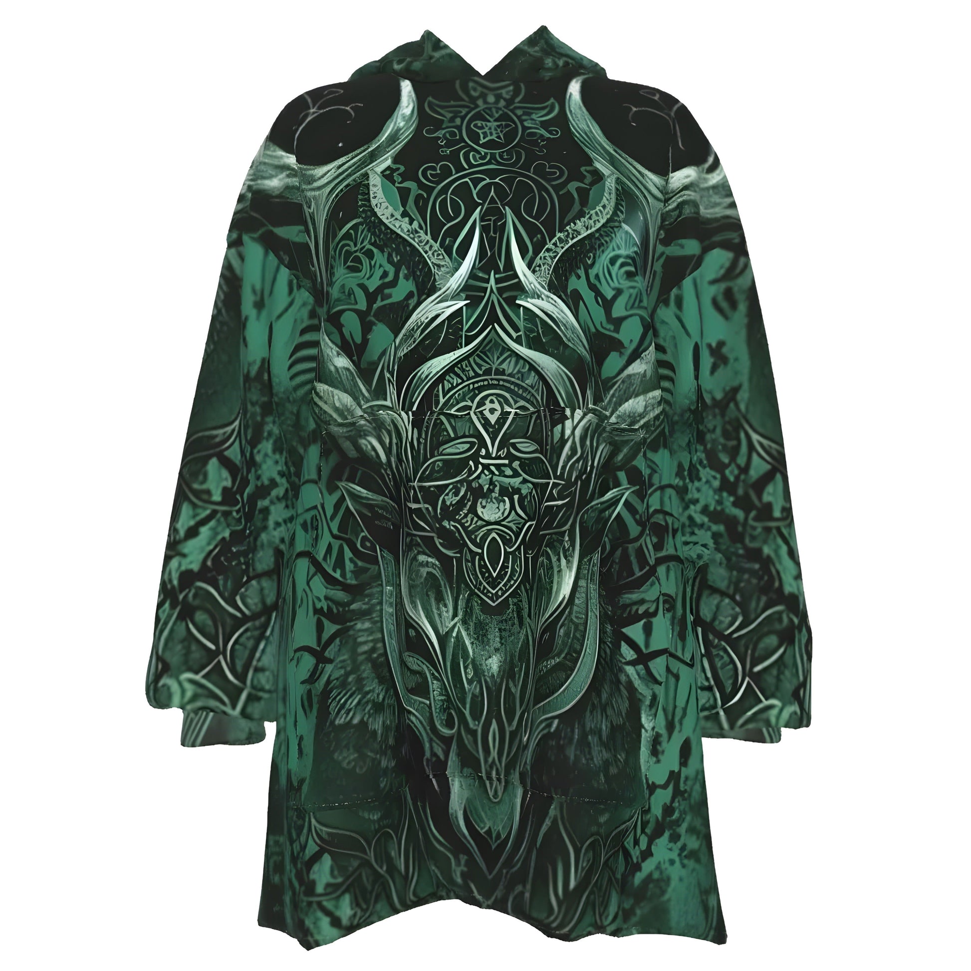 Viking Sherpa Fleece Hoodie, Norse Mythology Hoodie, Green Celtic Art Jacket, Deer Skull Design, Nordic Warrior Outerwear, Pagan Festival Wear, Dark Fantasy Clothing, Mystic Fashion