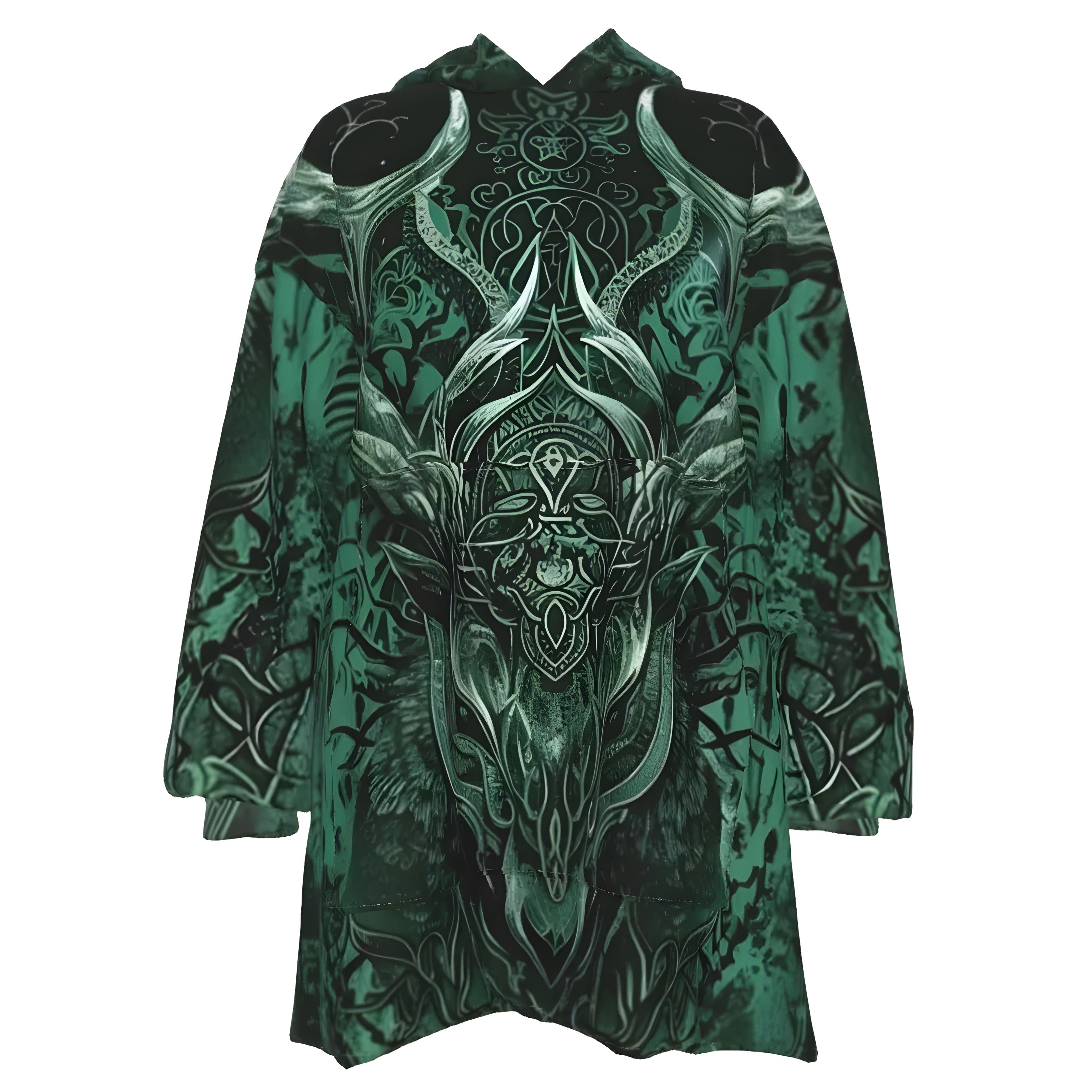 Viking Sherpa Fleece Hoodie, Norse Mythology Hoodie, Green Celtic Art Jacket, Deer Skull Design, Nordic Warrior Outerwear, Pagan Festival Wear, Dark Fantasy Clothing, Mystic Fashion