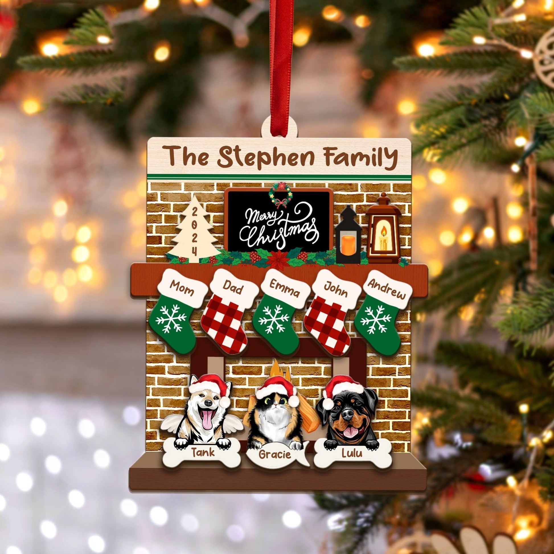 Custom Pet Family Christmas Ornaments,3D Wooden Family Ornament With Pets, Christmas Ornament, Family And Pets Family With Dog Cat Fireplace
