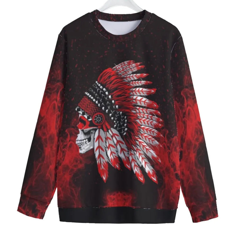 Native American Skull Women’s Sweater, Red Feather Headdress Knitwear, Tribal Gothic Pullover, Red Smoke Graphic Sweater, Warrior Biker Style