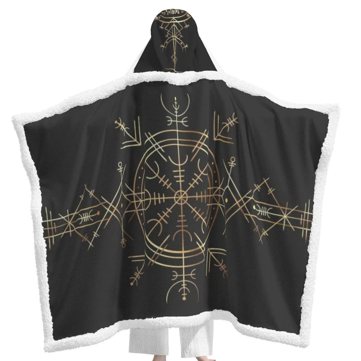 Viking Vegvisir Mysticism Wearable Hooded Blanket, Norse Rune Viking Cozy Wrap, Nordic Compass Spiritual Cape, Viking Sacred Geometry Loungewear