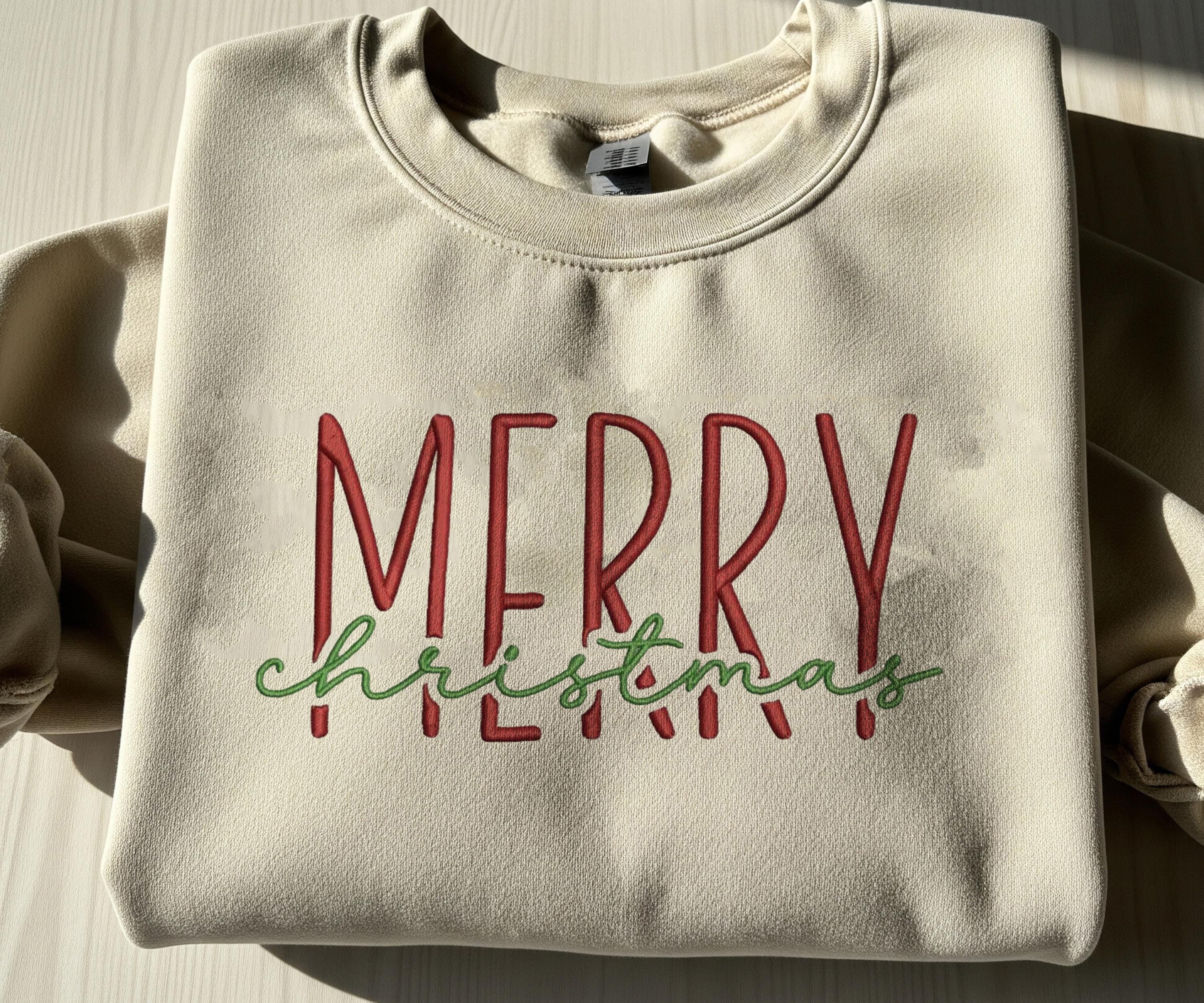 Merry Christmas Embroidered Hoodie, Minimal Holiday Sweater, Cozy Winter Outfit, Christmas Crewneck Gift for Her & Him EBAC77