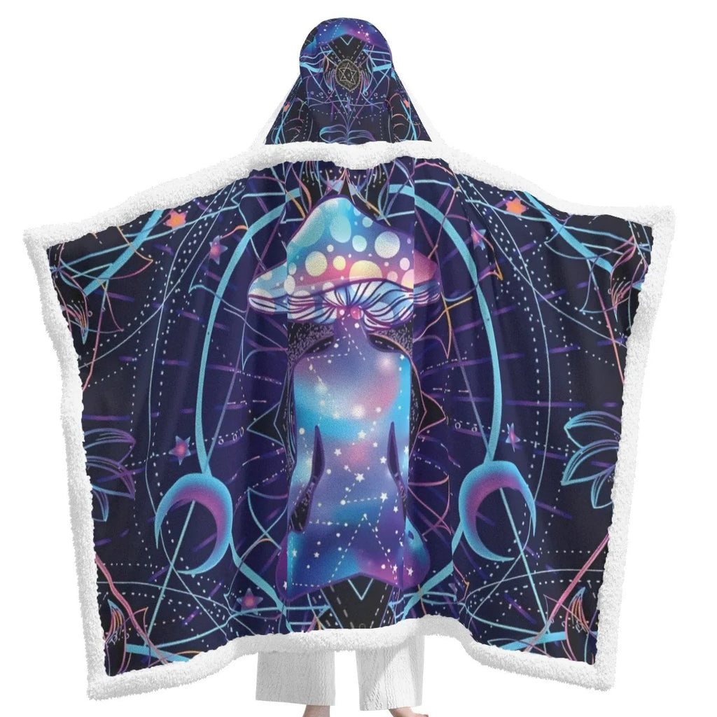 Mystic Mushroom Awakening Wearable Hooded Blanket, Psychedelic Spiritual Wrap, Cosmic Mushroom Hooded Cape, Visionary Art Cozy Wear, Boho Mystic Style