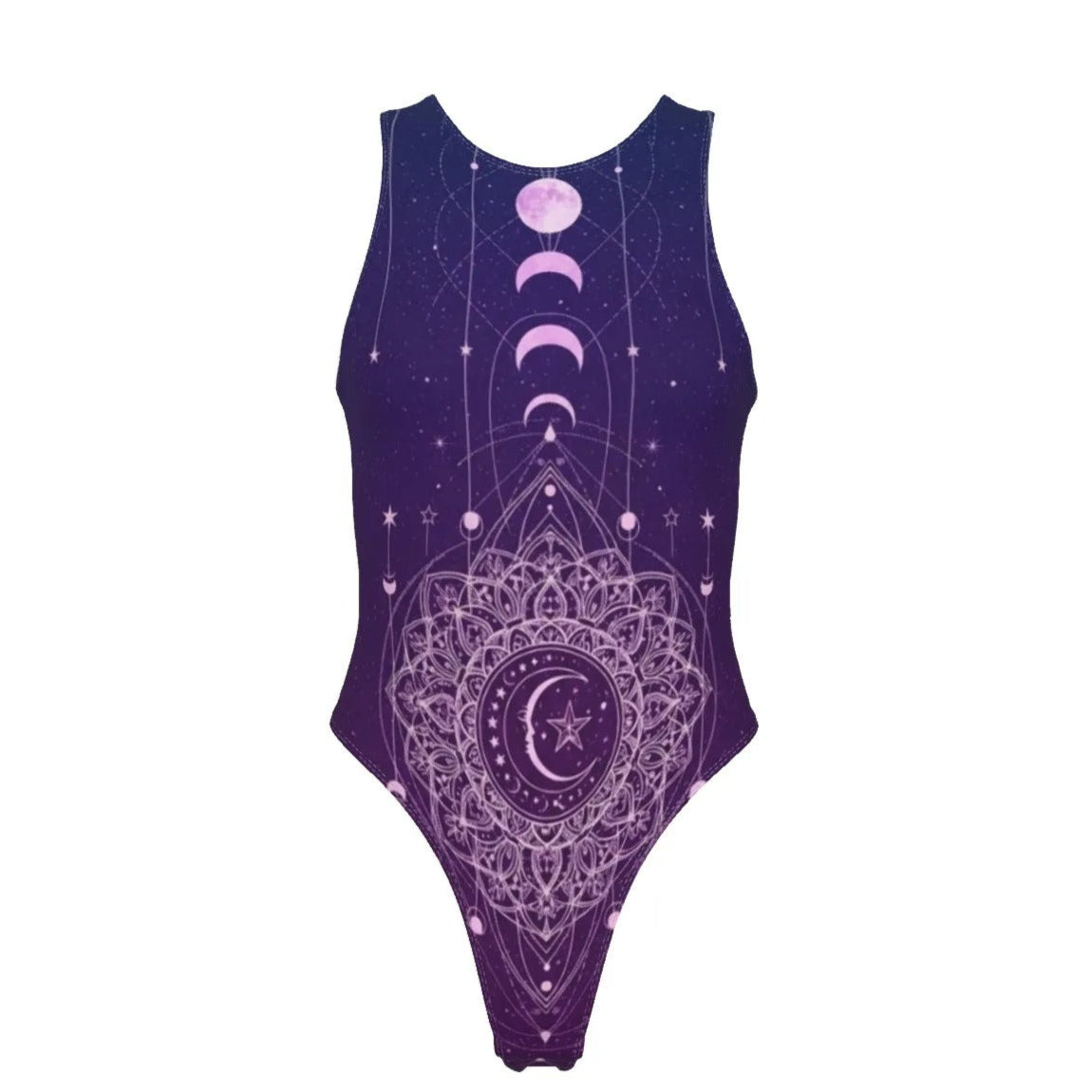 Mystic Lunar Mandala Swimsuit, Moon Phase Spiritual Swimwear, Celestial Lotus Bathing Suit, Sacred Geometry Cosmic Bikini, Boho Mystic Style