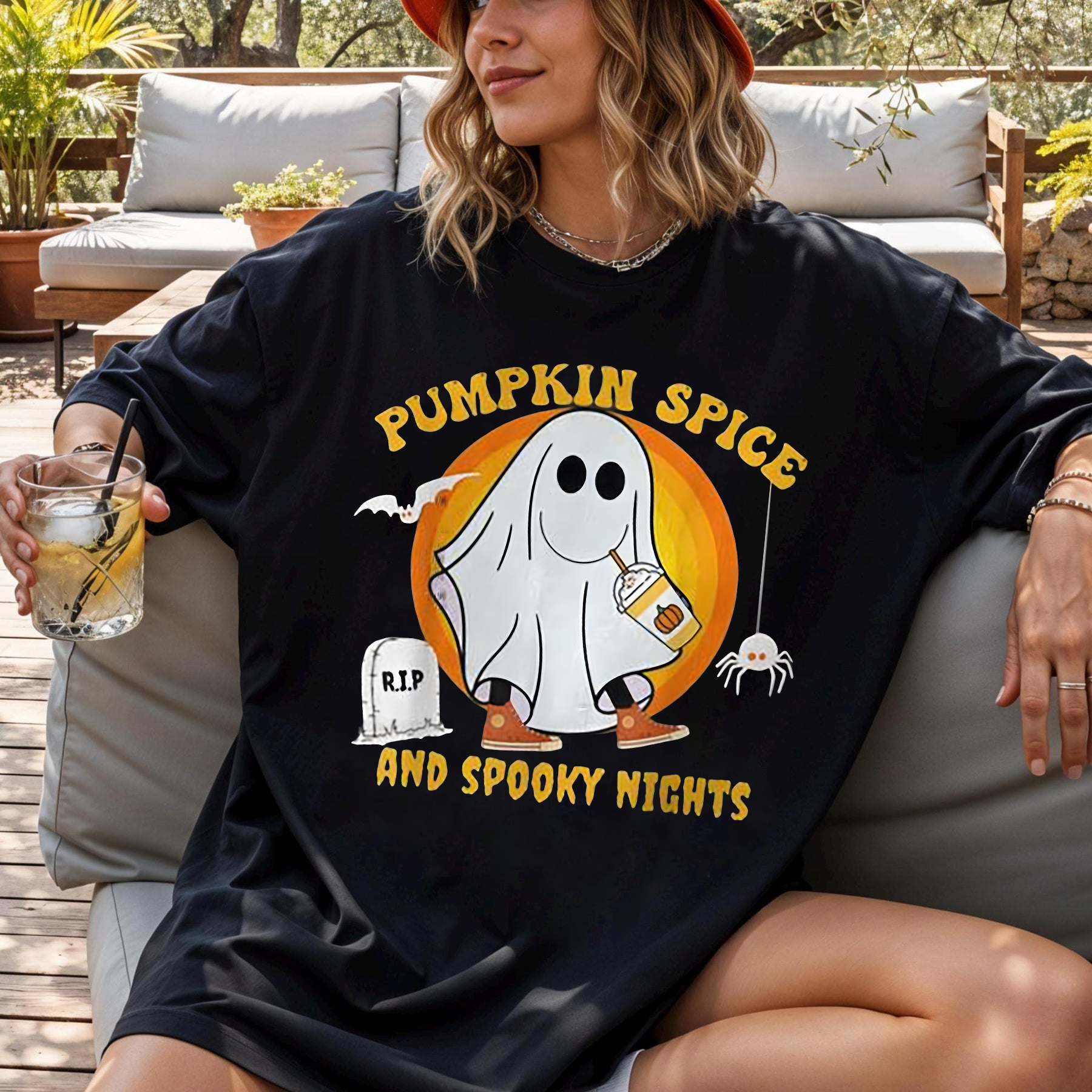 Cute Halloween Ghost T-Shirt, Pumpkin Spice Latte Shirt, Oversized Fall Tee, Spooky Season Shirt for Women, Autumn Aesthetic Shirt