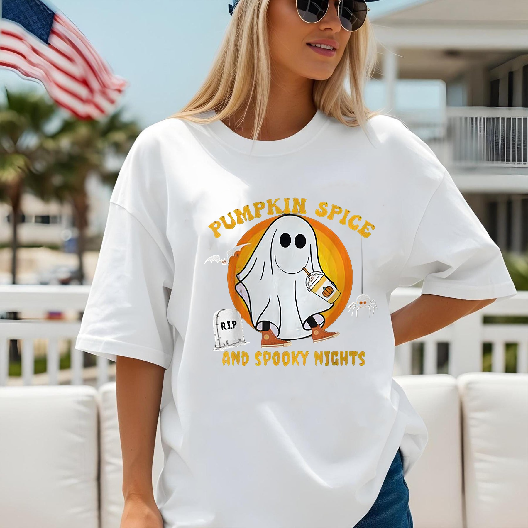 Cute Halloween Ghost T-Shirt, Pumpkin Spice Latte Shirt, Oversized Fall Tee, Spooky Season Shirt for Women, Autumn Aesthetic Shirt