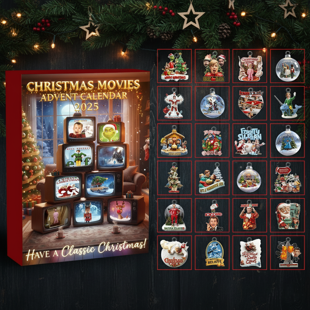 Retro Christmas Movie Style Advent Calendar 2025, Vintage Holiday Countdown, 24 Ornament Surprise Box, Cozy Winter Gift