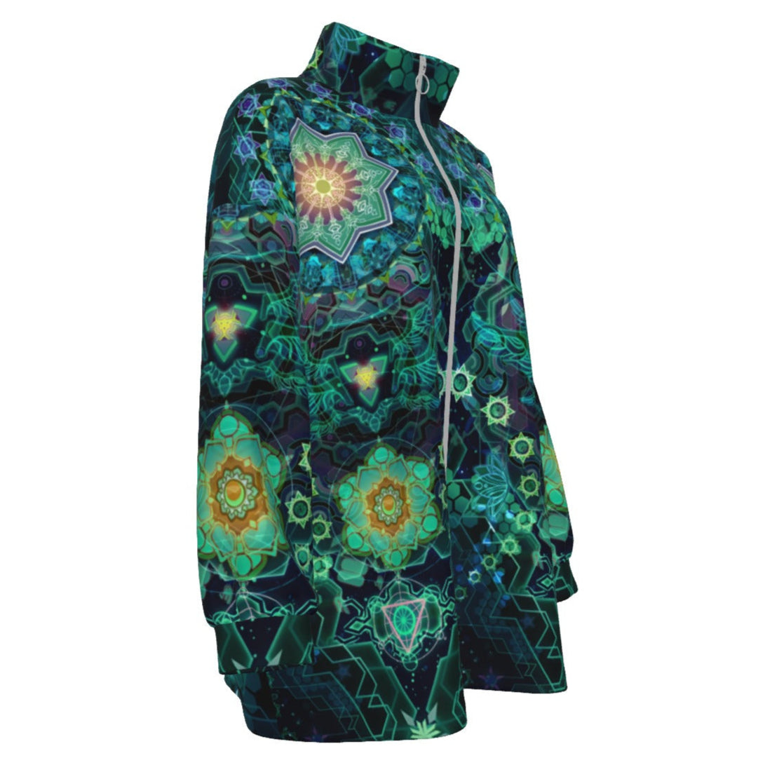 Yantric Geometry Coats Women, Sacred Mandala Energy Coats, Mystic Geometric Light Coats, Vibrant Spiritual Pattern Coats, Celestial Yantra Coats